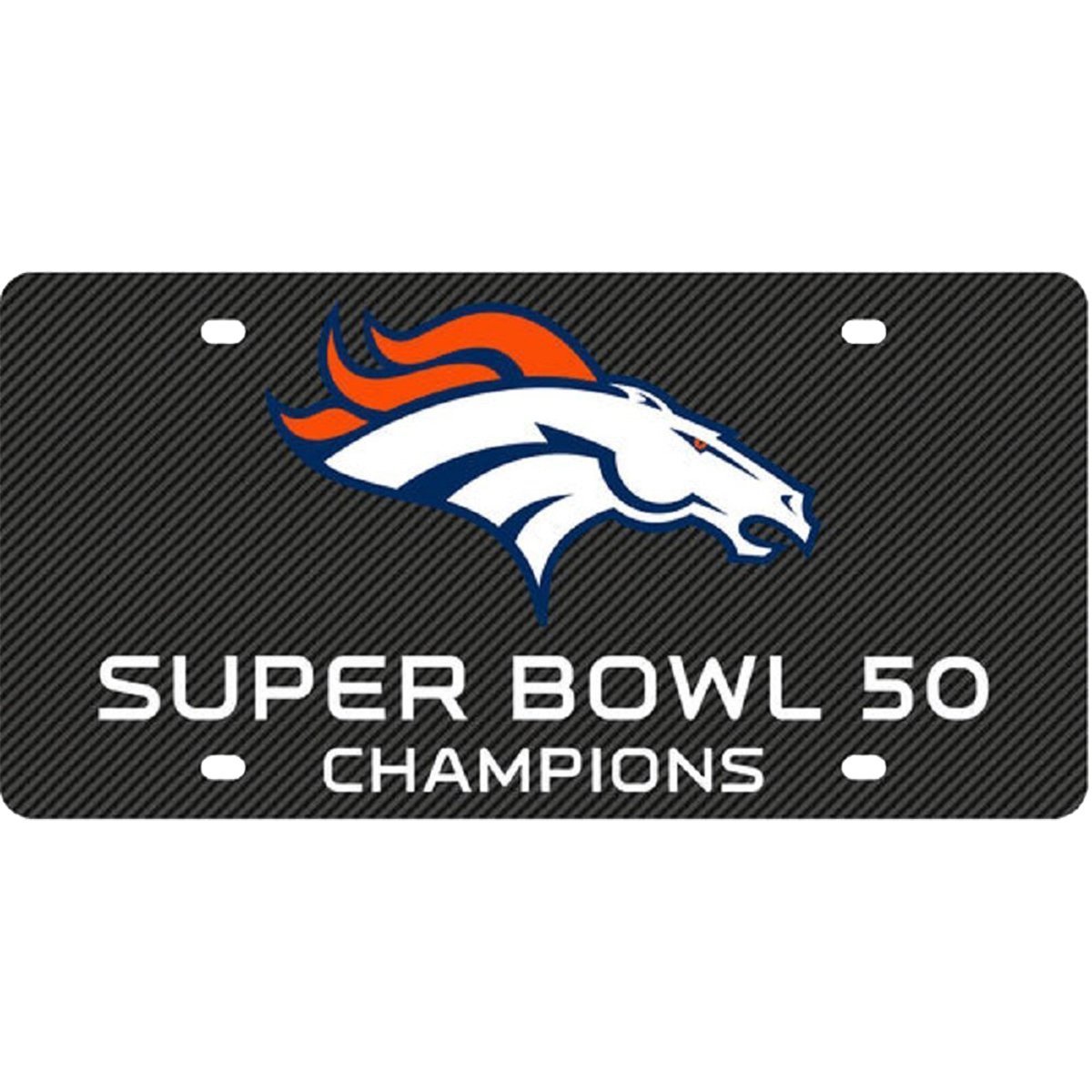 Denver Broncos Super Bowl 50 Champions, Premium Laser Cut Tag License Plate, Carbon Fiber Design, Acrylic Inlaid, 12x6 Inch