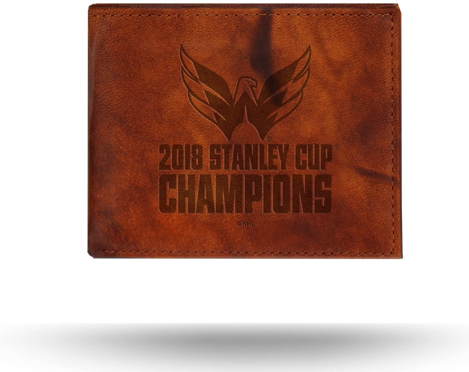Washington Capitals 2018 Champions Premium Brown Leather Wallet, Bifold Billfold, Embossed Laser Engraved