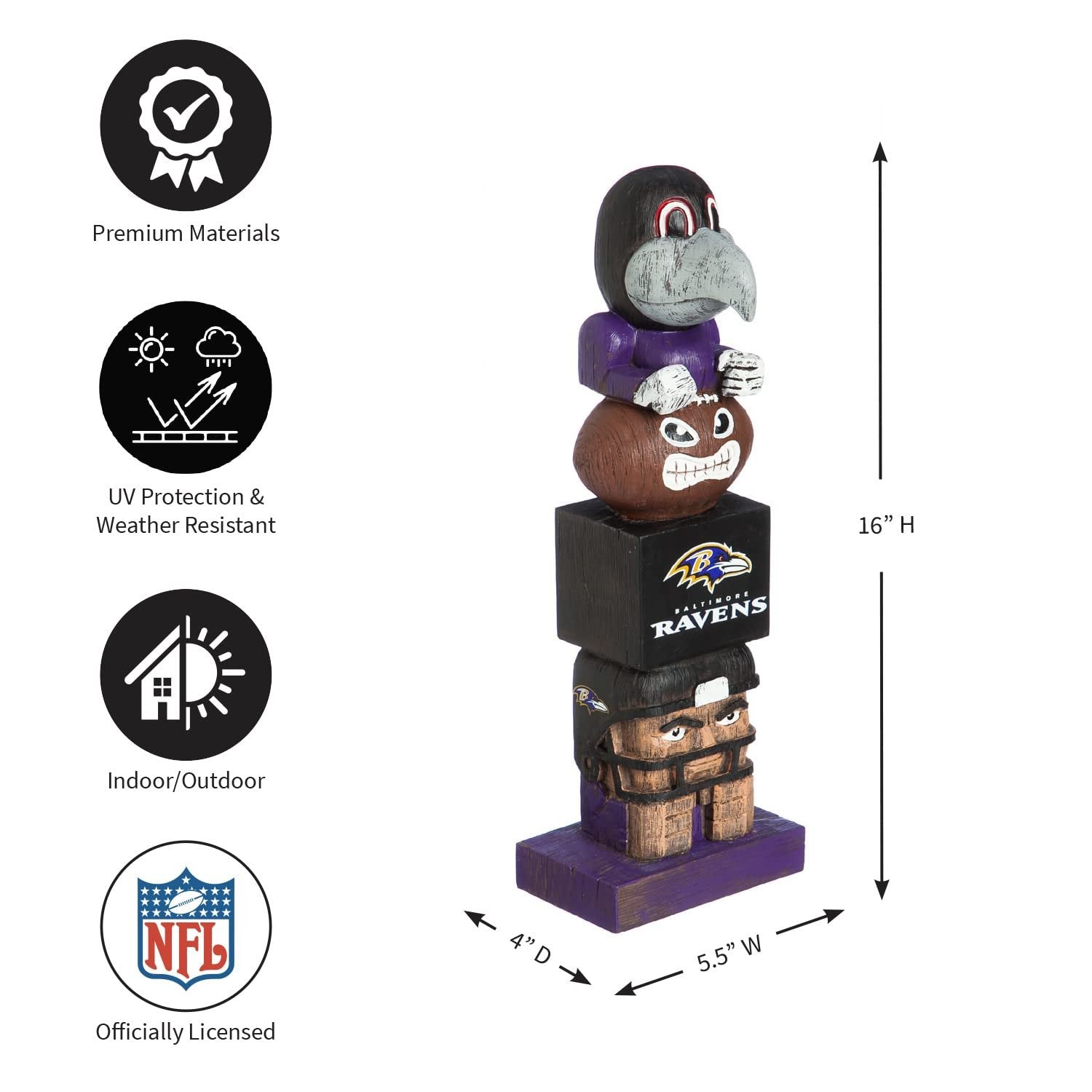 Baltimore Ravens Tiki Totem Garden Statue, Hand Painted Resin, 16 Inch, Indoor Outdoor Decor, Officially Licensed