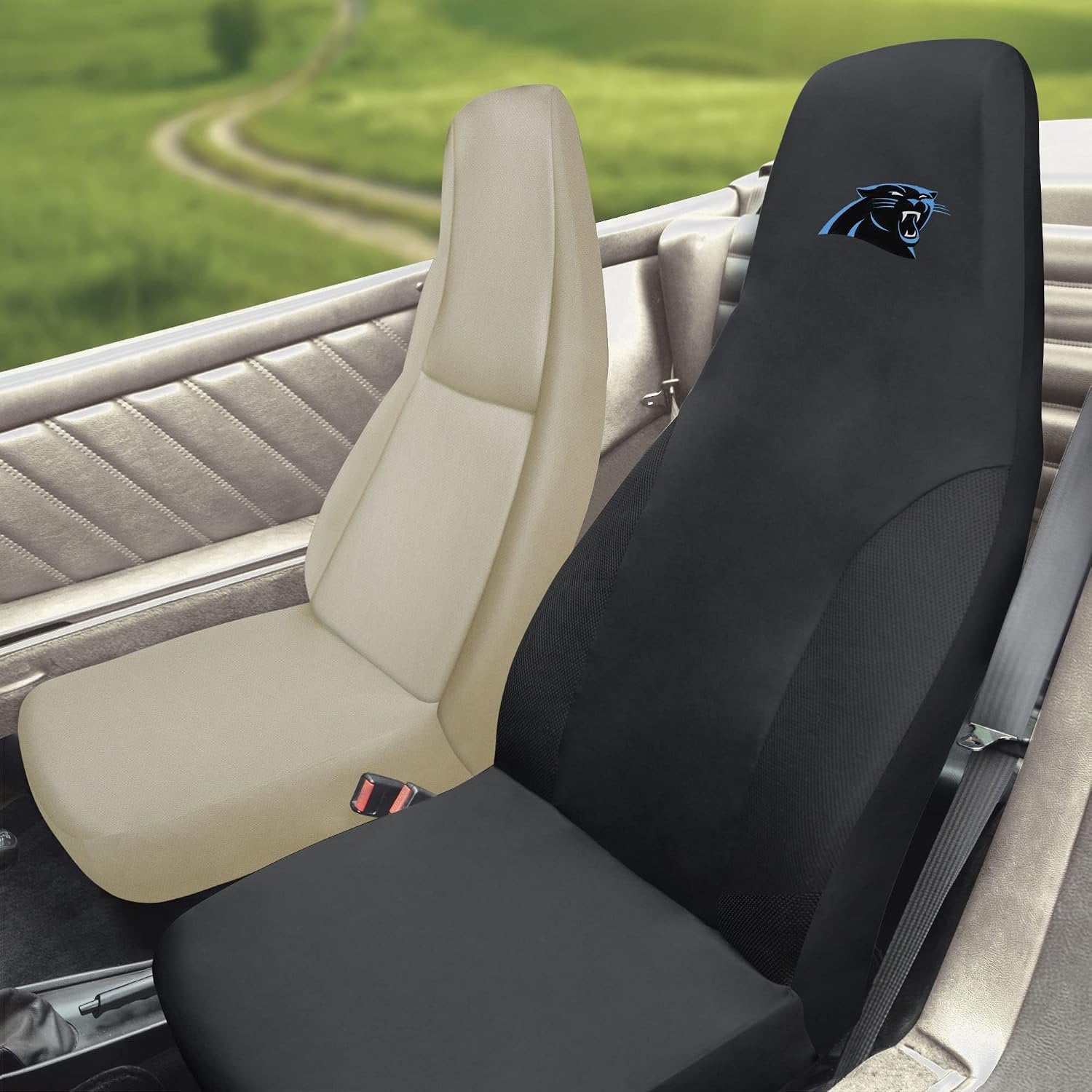 Carolina Panthers Premium Seat Cover, Embroidered Black Auto Bucket, 48x20 Inch, Elastic, Officially Licensed