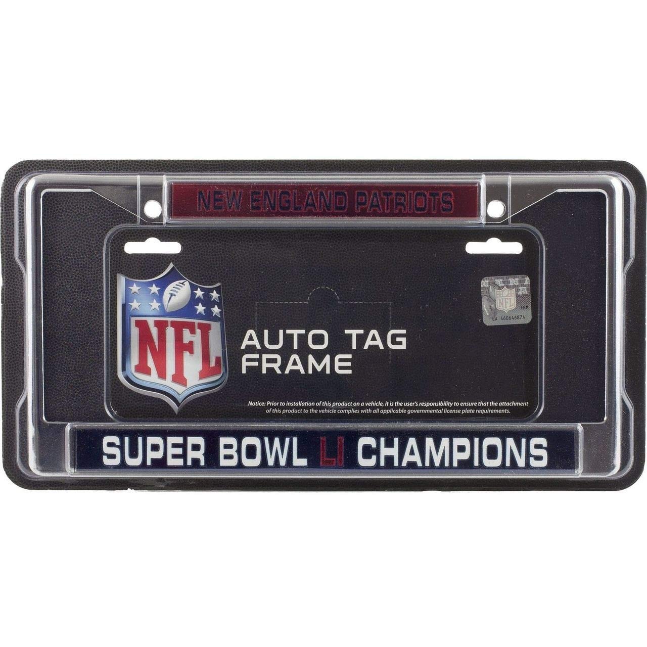 New England Patriots Super Bowl LI Champions Metal License Plate Frame Chrome Tag Cover, Laser Cut Mirrored Acrylic Inserts, 12x6 Inch, Pre-Drilled Holes, Officially Licensed