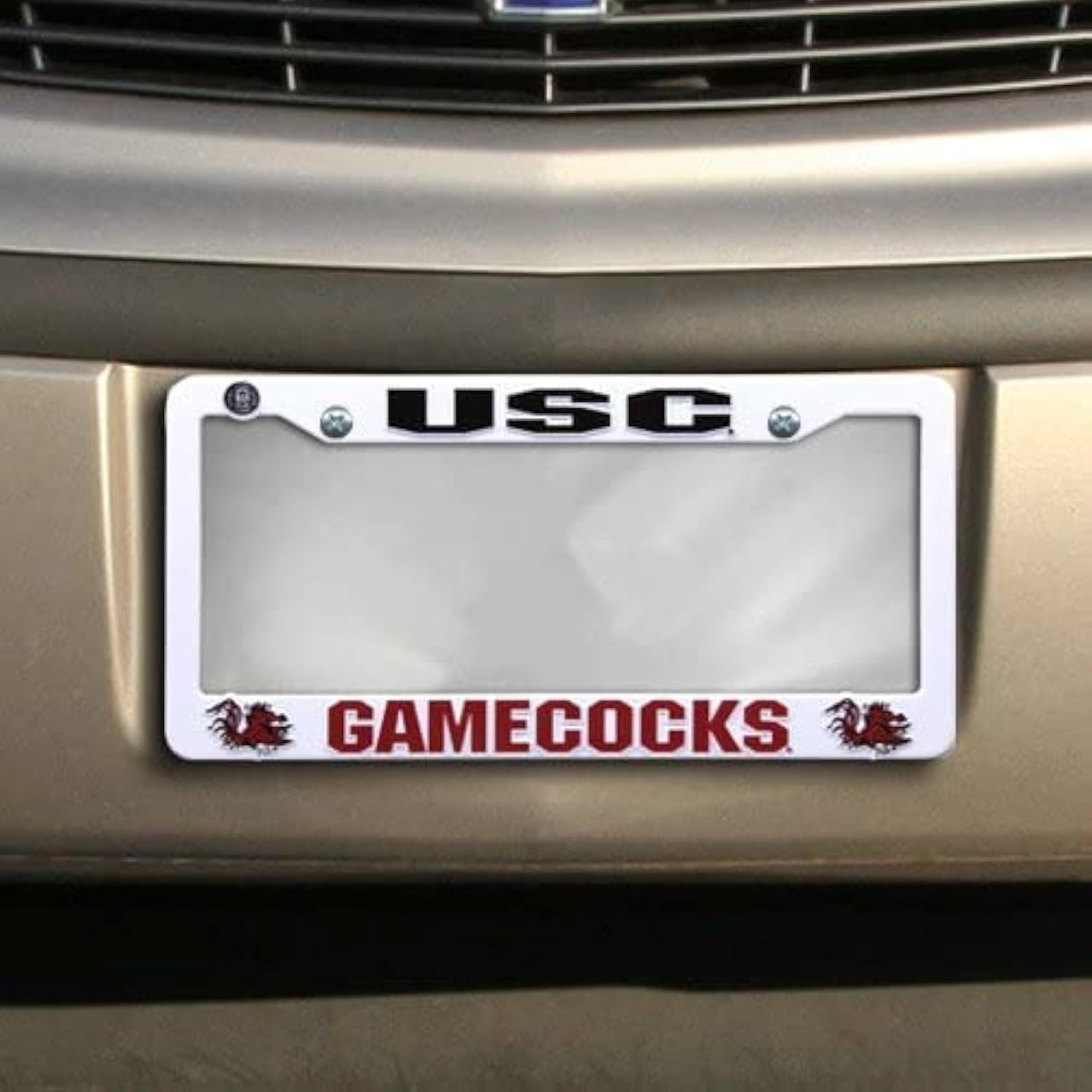University of South Carolina Gamecocks License Plate Frame Tag Cover, White Plastic, 12x6 Inch, Officially Licensed