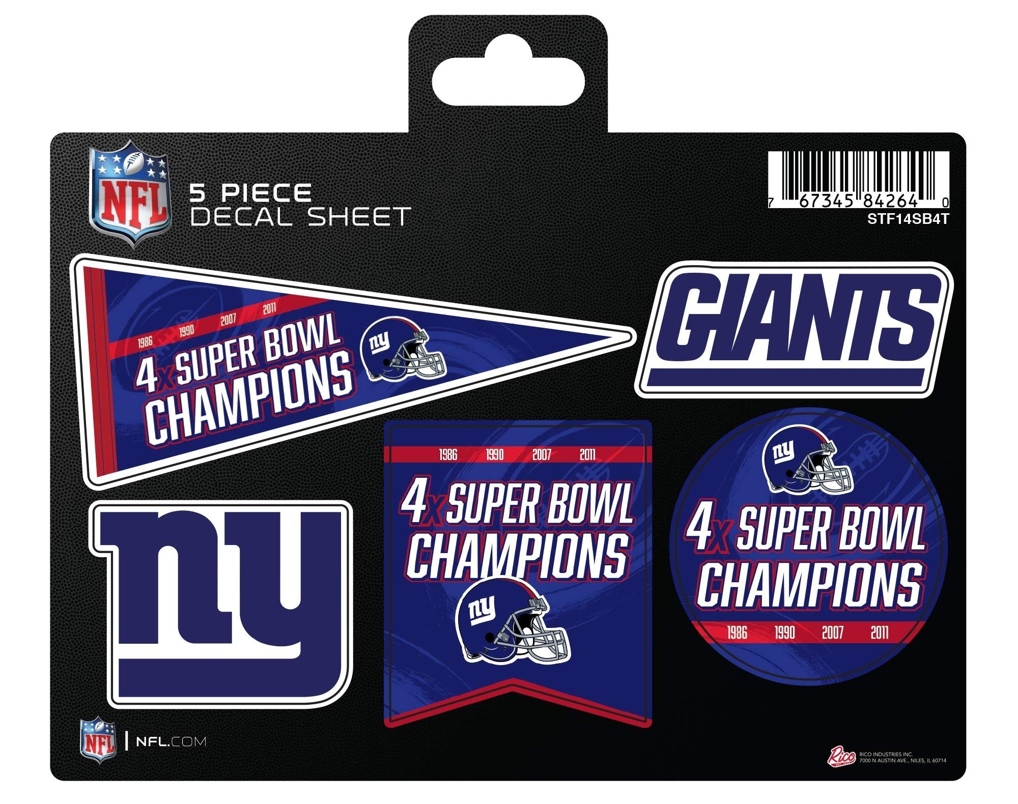 New York Giants 4x Time Champions Decal Sticker Multi Sheet 5-Piece, Flat Vinyl