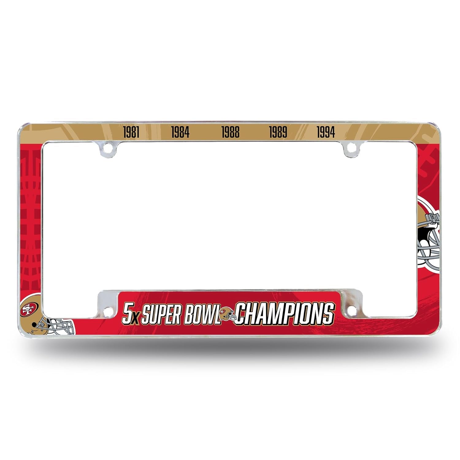 San Francisco 49ers Premium Metal License Plate Frame Tag Cover, 5-Time Champions, 12x6 inch, Pre-Drilled Holes, Officially Licensed