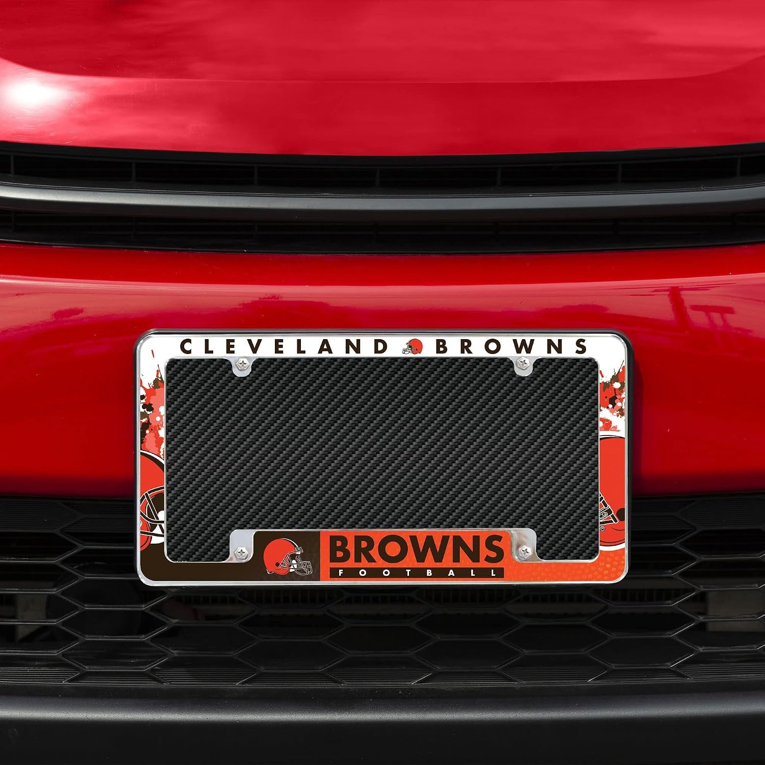 Cleveland Browns Premium Chrome Metal License Plate Frame Tag Cover, All Over Design, 12x6 inch, Pre-Drilled Holes, Officially Licensed