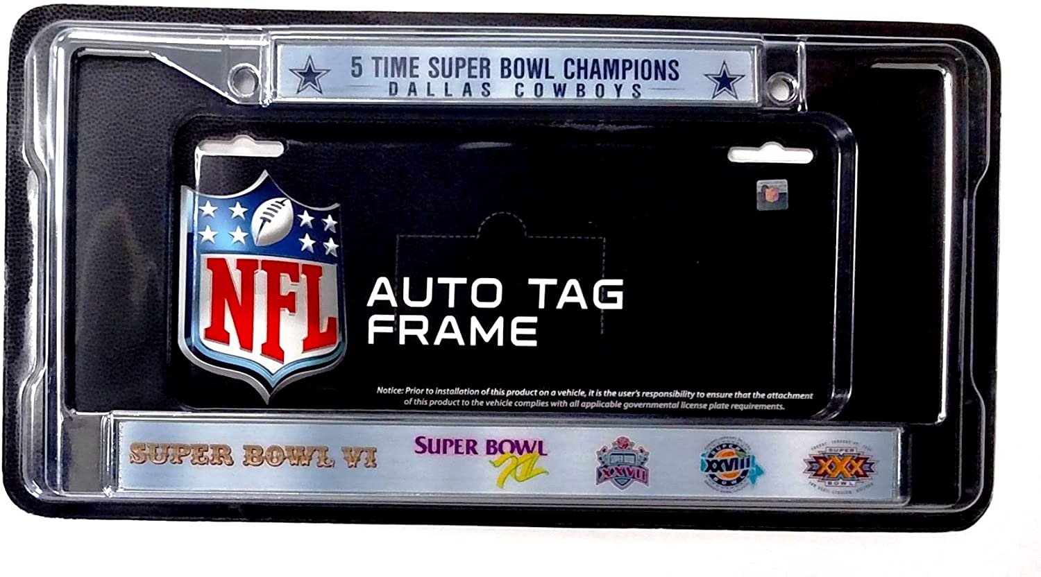 Dallas Cowboys 5X Champions Premium Metal License Plate Frame Chrome Tag Cover, 12x6 Inch