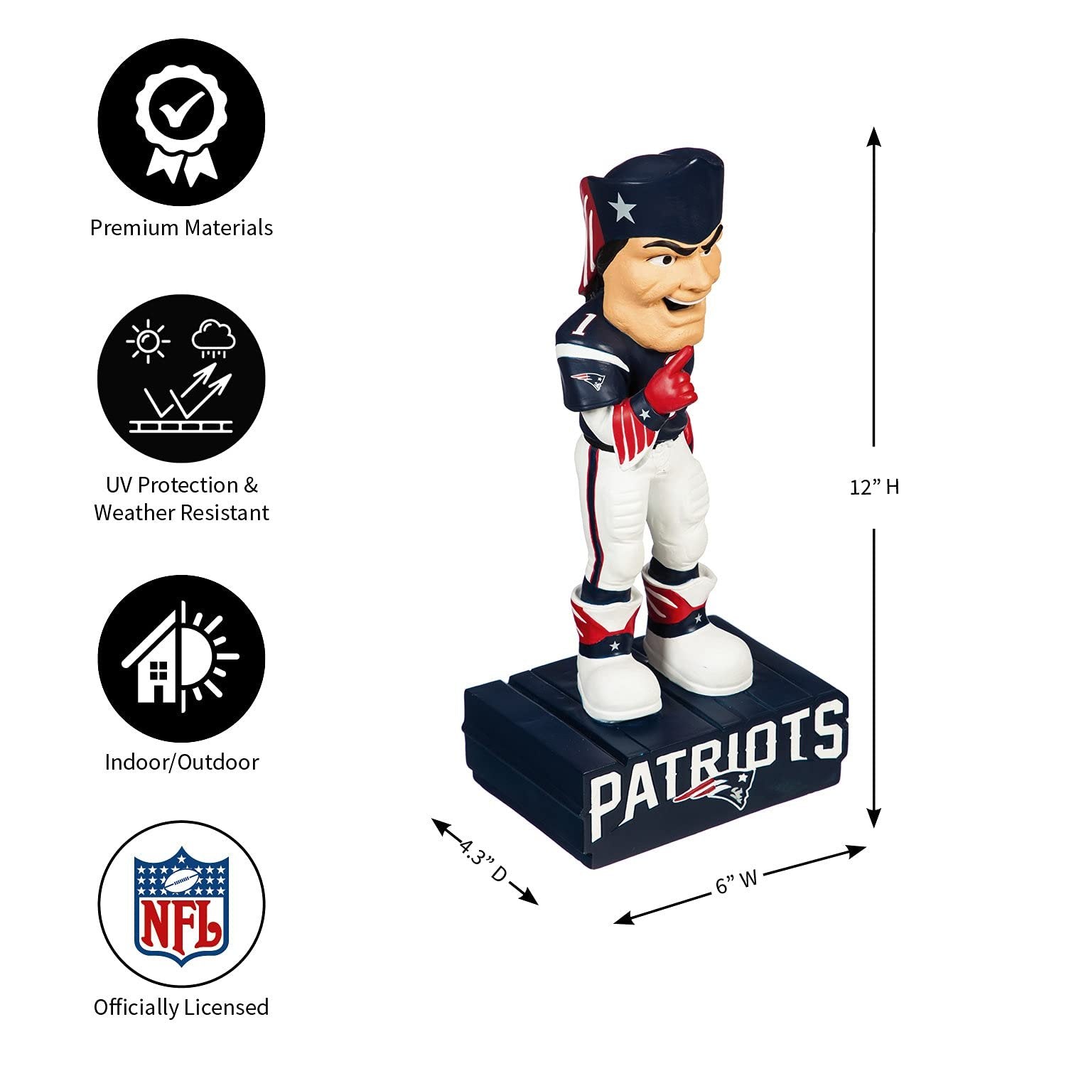 New England Patriots Team Mascot Garden Statue, Hand Painted Resin, 12 Inch, Indoor Outdoor Decorative Sports Mascot, Officially Licensed
