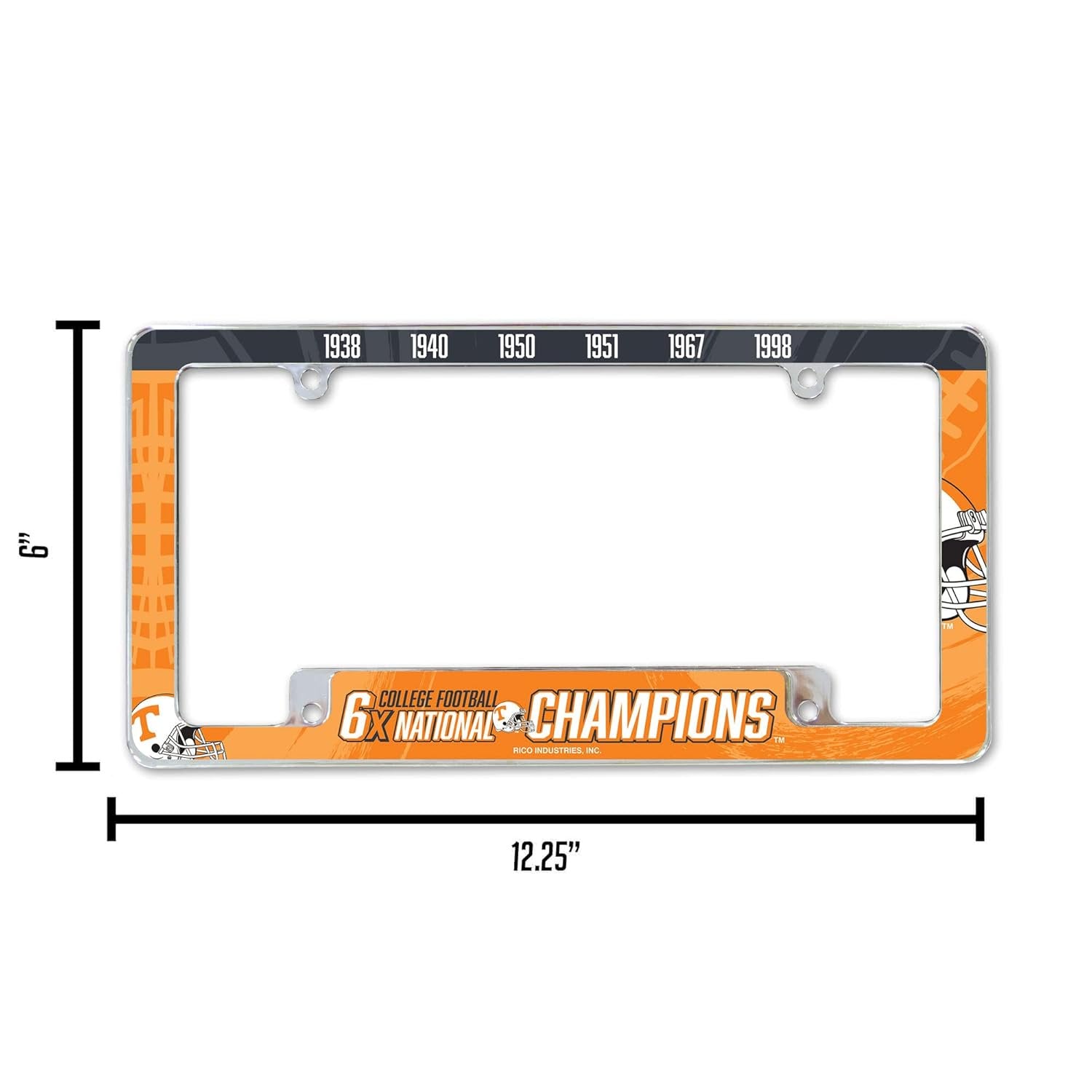 University of Tennessee Volunteers Premium Metal License Plate Frame Tag Cover, 6-Time Champions, 12x6 inch, Pre-Drilled Holes, Officially Licensed