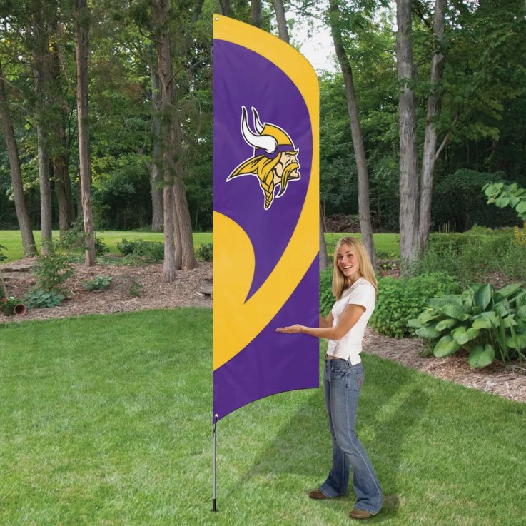 Minnesota Vikings NFL Tall Outdoor Flag Tailgating Banner, 8.5' x 2.5' with 11.5' Steel Pole & Ground Stake, Officially Licensed
