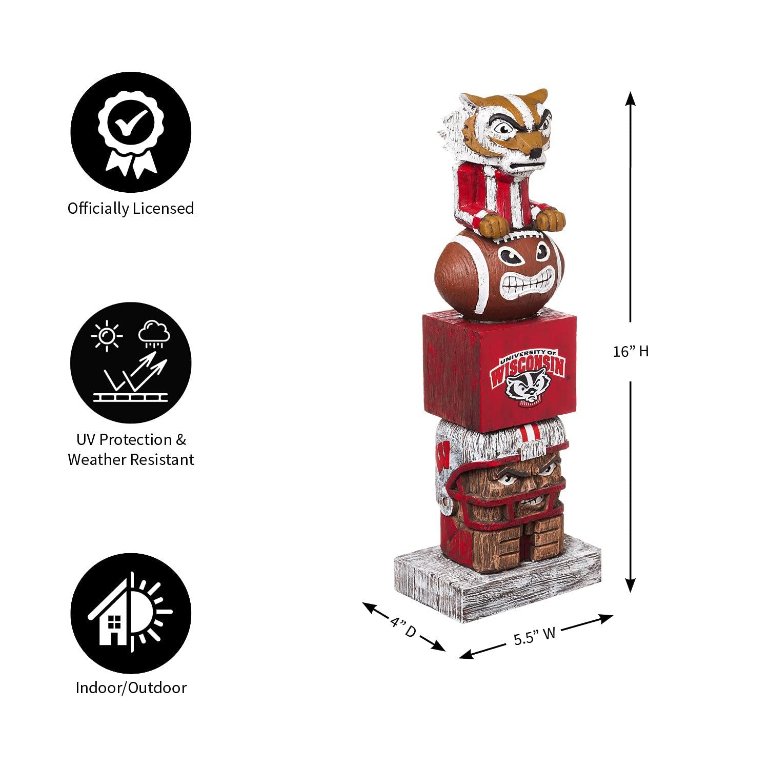 University of Wisconsin Badgers Tiki Totem Garden Statue, Hand Painted Resin, 16 Inch, Indoor Outdoor Decor, Officially Licensed