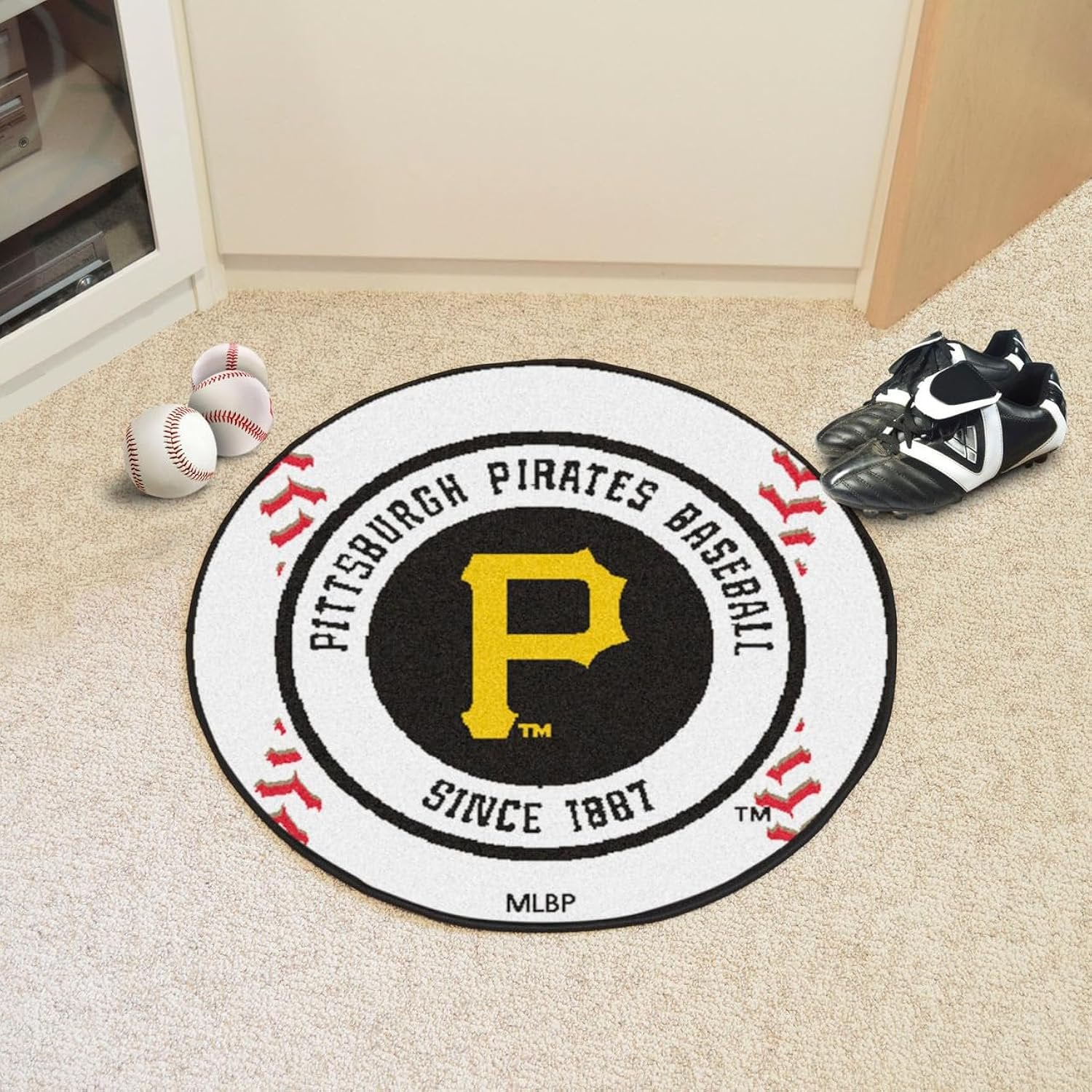 Pittsburgh Pirates Floor Mat Area Rug, 27 Inch Round, Baseball Design, Nylon, Anti-Skid Backing, Officially Licensed