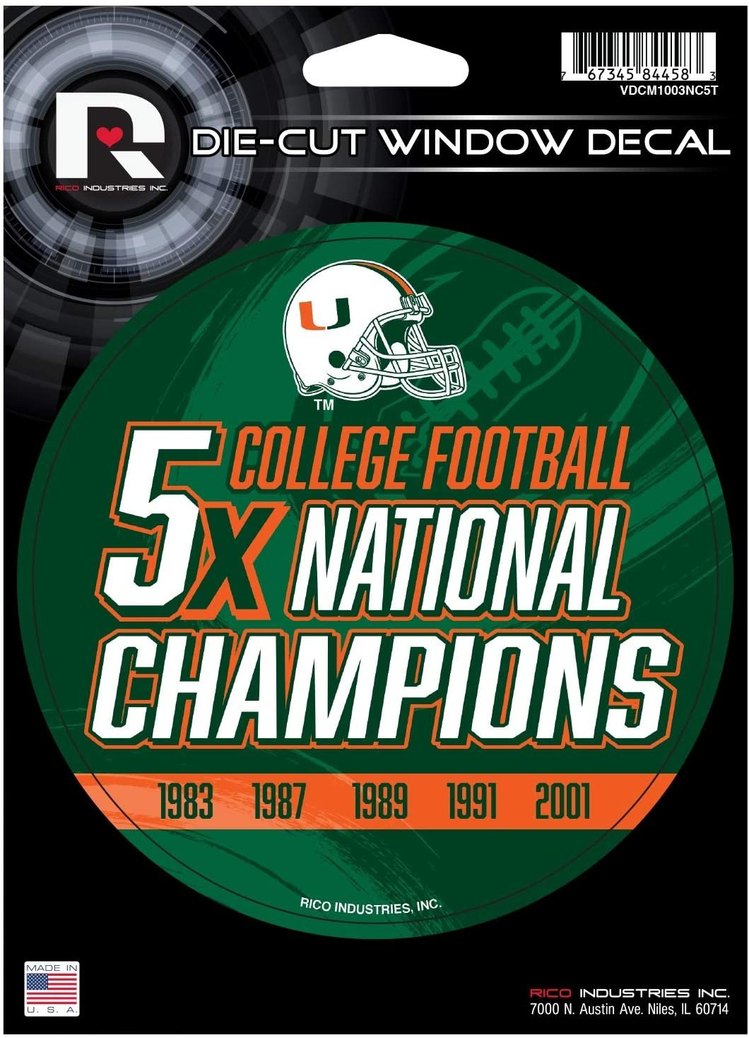 Miami Hurricanes 5" Decal Sticker 5X Time Champions Flat Vinyl Auto Emblem College Football University of