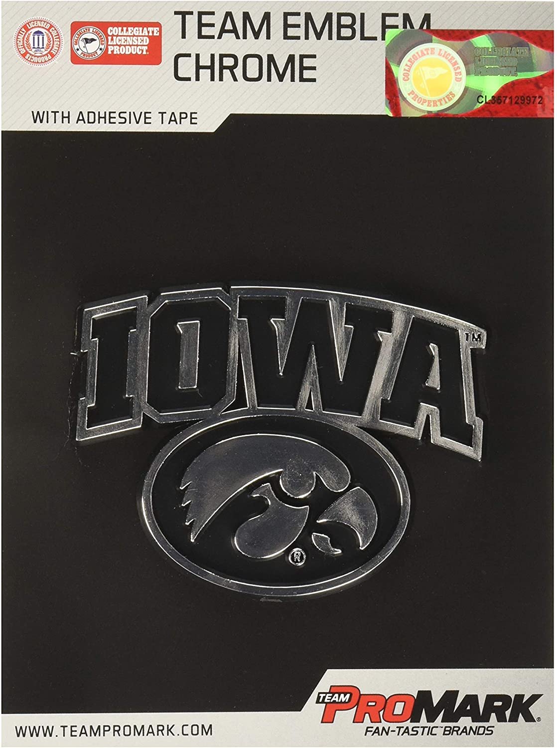 University of Iowa Hawkeyes Auto Emblem, Plastic Molded, Silver Chrome Color, Raised 3D Effect, Adhesive Backing