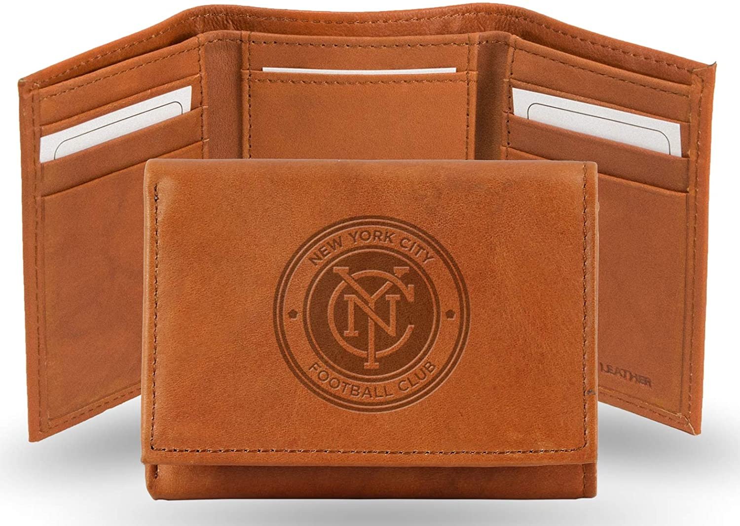 New York City FC Premium Brown Leather Wallet, Trifold, Embossed Laser Engraved