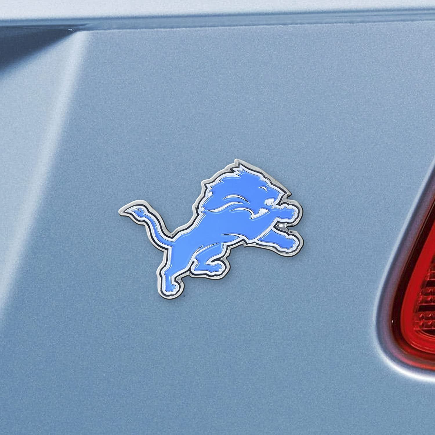 Detroit Lions Premium Solid Metal Raised Auto Emblem, Team Color, Shape Cut, Adhesive Backing