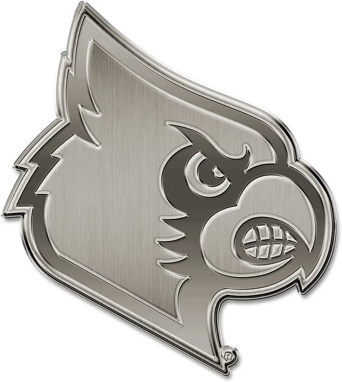 University of Louisville Cardinals Premium Solid Metal Raised Auto Emblem, Antique Nickel Finish, Shape Cut, Adhesive Backing