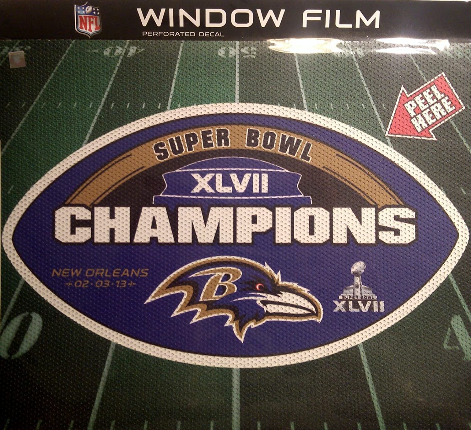 Baltimore Ravens Super Bowl XLVII Champions 12 Inch Preforated Window Film Decal Sticker, One-Way Vision, Adhesive Backing