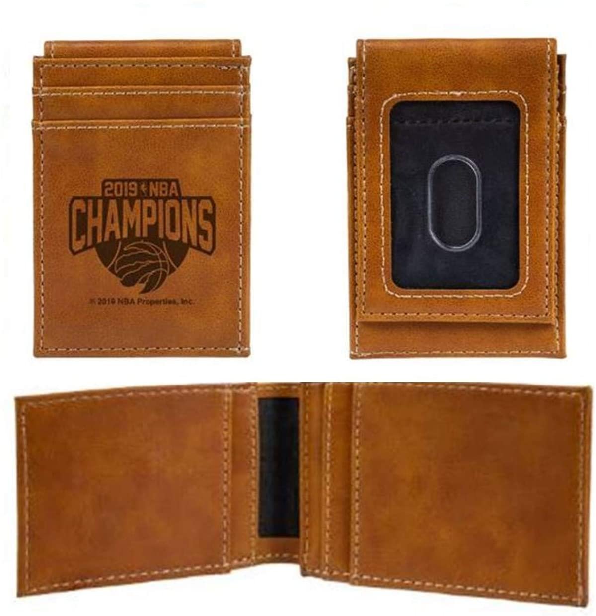 Toronto Raptors 2019 Champions Premium Brown Leather Wallet, Front Pocket Magnetic Money Clip, Laser Engraved