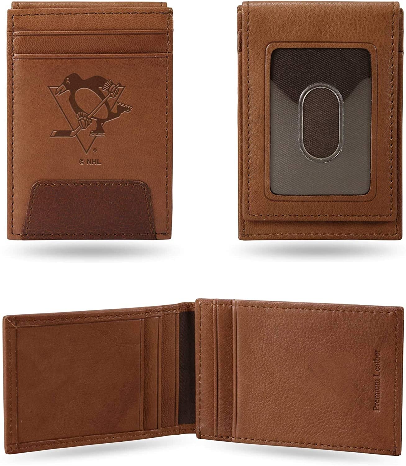 Pittsburgh Penguins Premium Brown Leather Wallet, Front Pocket Magnetic Money Clip, Laser Engraved