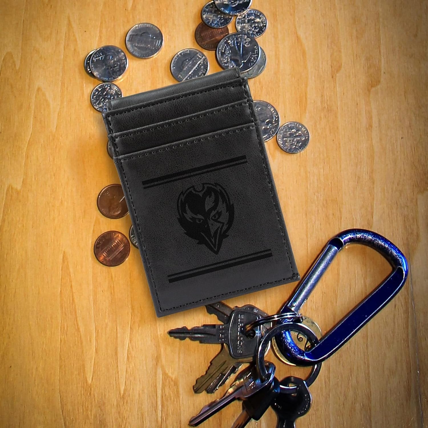 Baltimore Ravens Premium Black Leather Wallet, Front Pocket Magnetic Money Clip, Laser Engraved, Vegan
