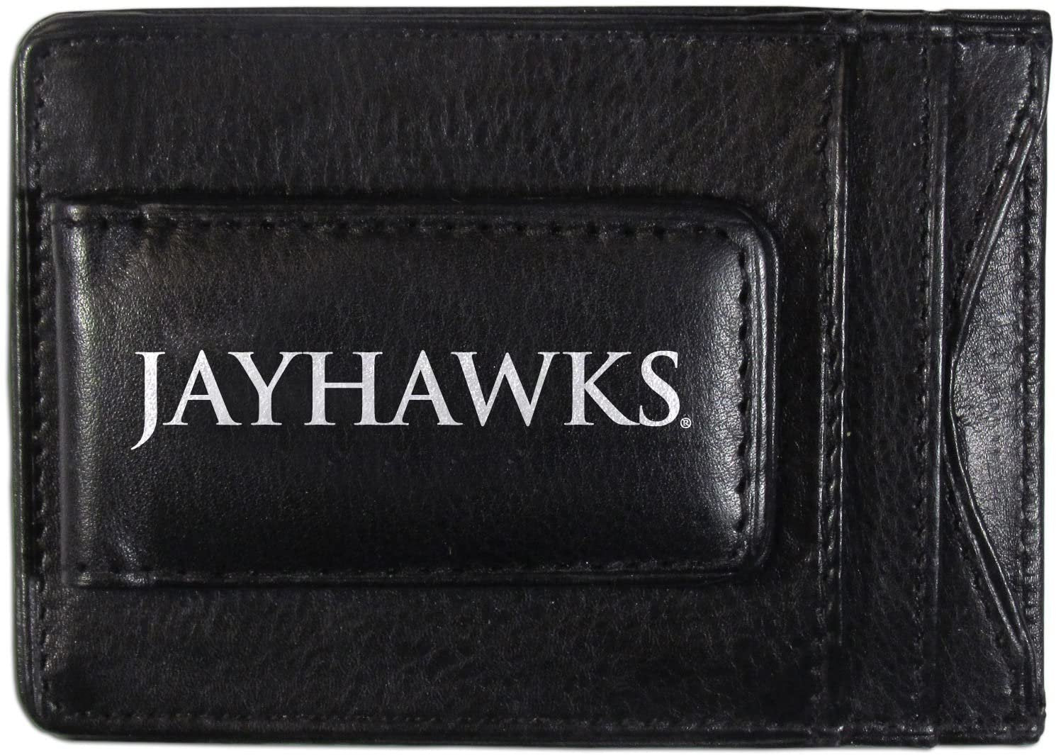 University of Kansas Jayhawks Black Leather Wallet, Front Pocket Magnetic Money Clip, Printed Logo
