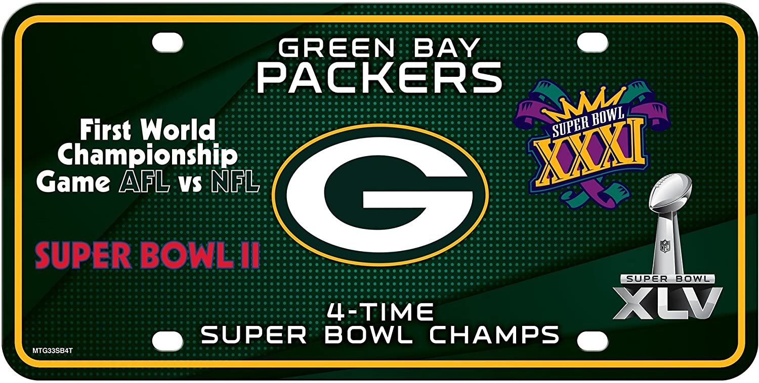 Green Bay Packers Metal Auto Tag License Plate, 4-Time Super Bowl Champions, 6x12 Inch