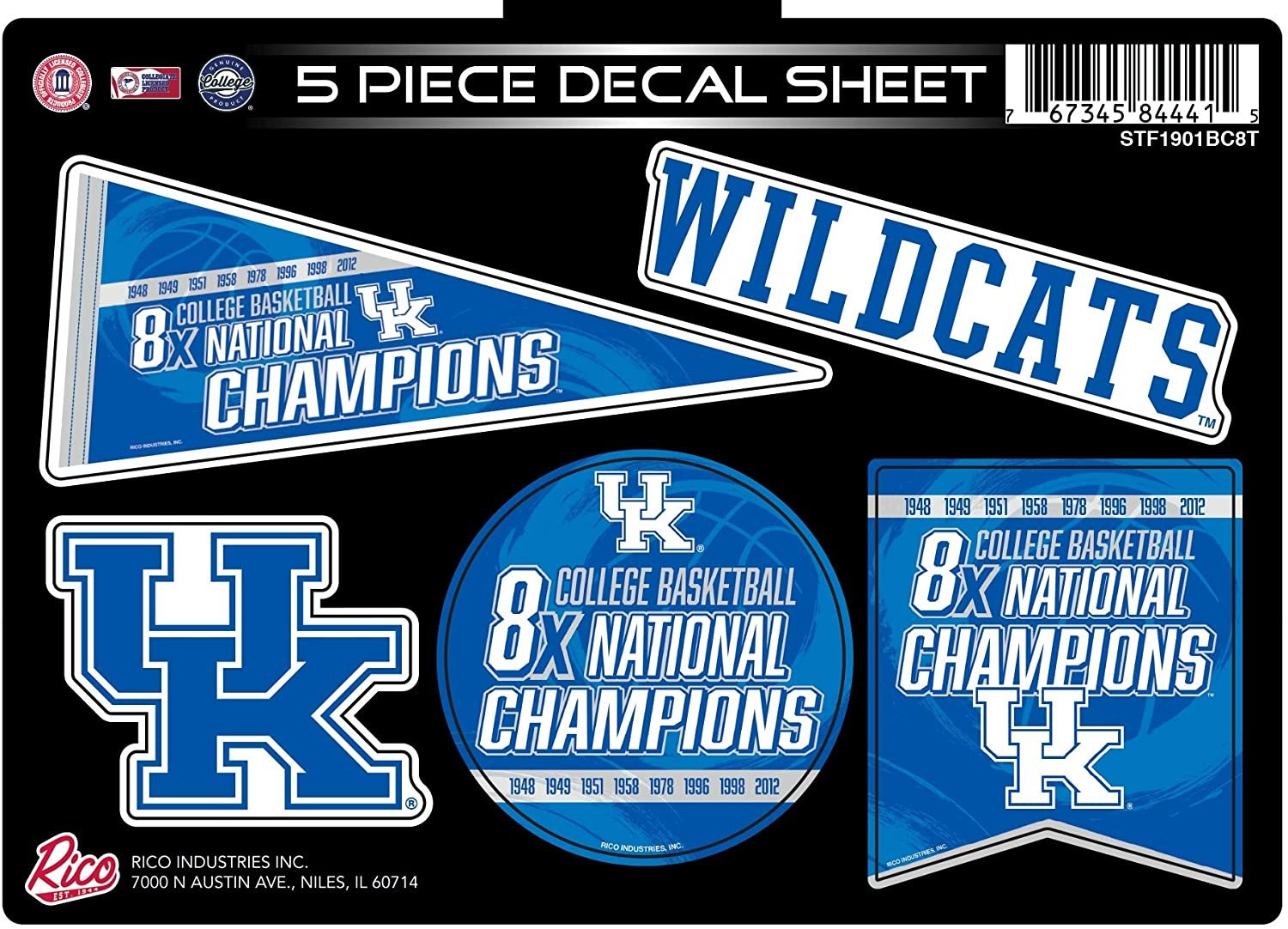 Kentucky Wildcats Decal Sticker Sheet 8X Time Champions 5 Piece Multi Flat Vinyl Emblem College Basketball University of