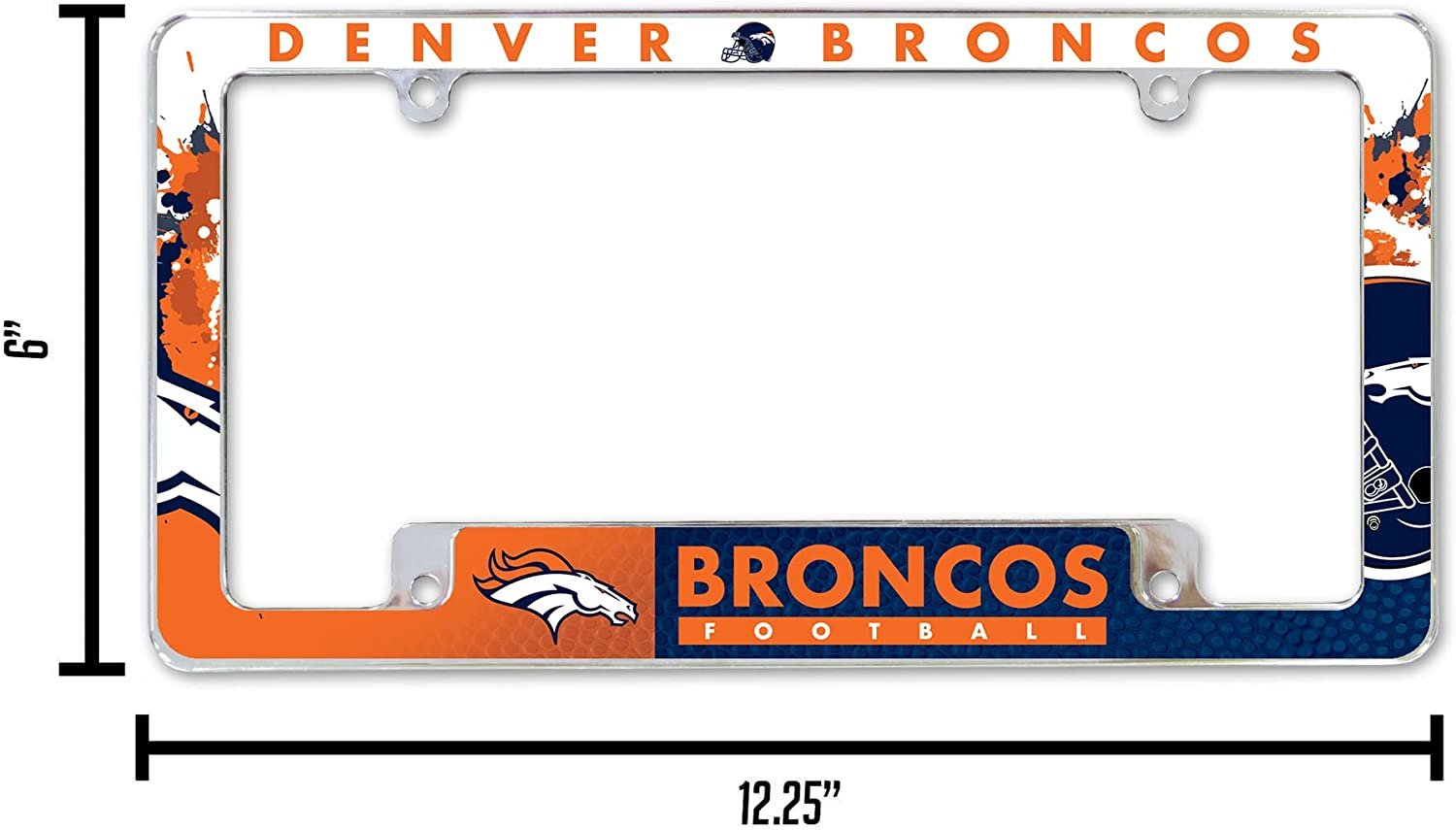 Denver Broncos Metal License Plate Frame Chrome Tag Cover All Over Design 6x12 Inch
