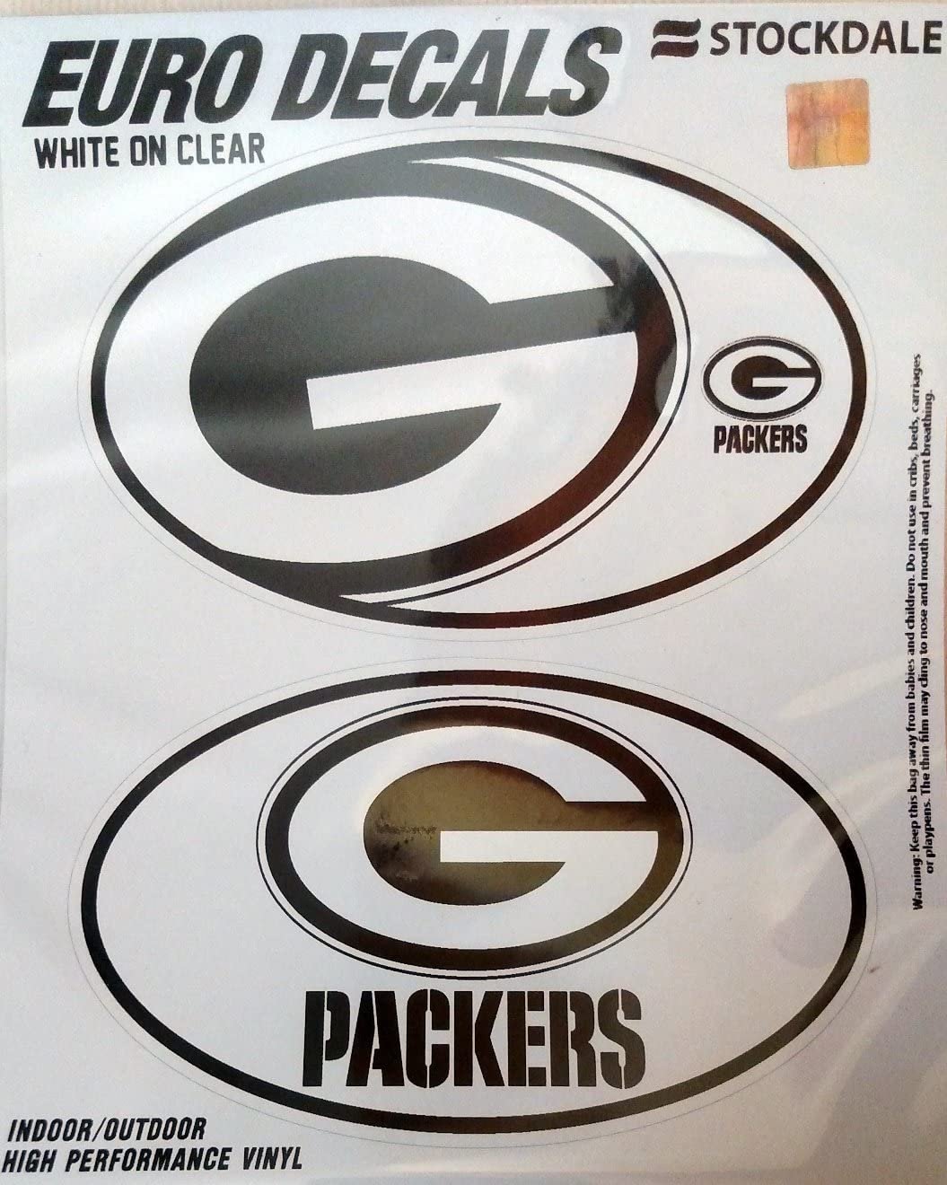 Green Bay Packers 2-Piece White and Clear Euro Decal Sticker Set, 4x2.5 Inch Each