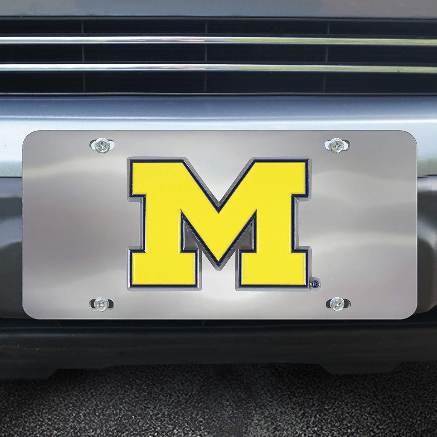 University of Michigan Wolverines License Plate Tag, Premium Stainless Steel Diecast, Chrome, Raised Solid Metal Color Emblem, 6x12 Inch