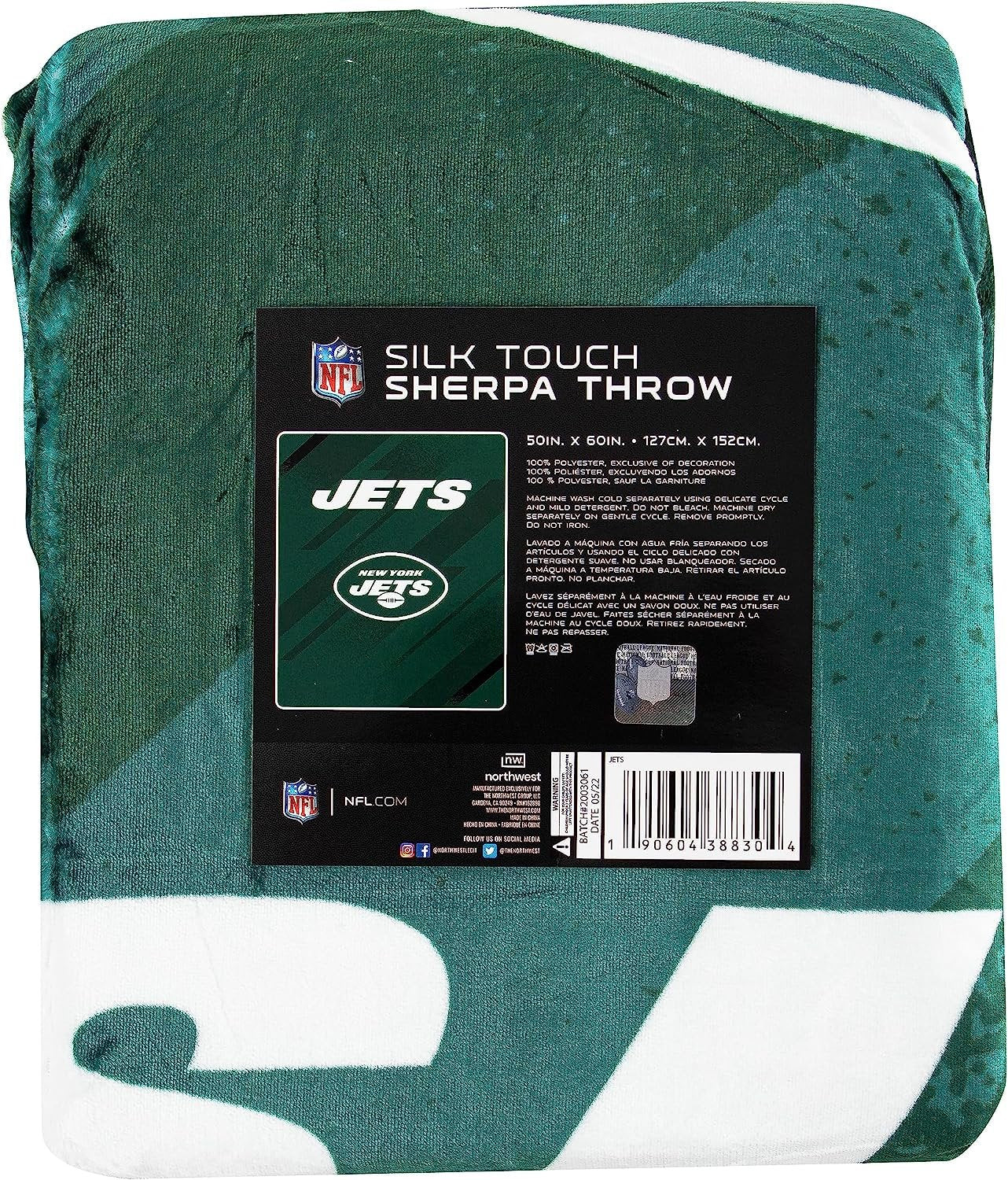 New York Jets Throw Blanket, Sherpa Raschel Polyester, Silk Touch Style, Velocity Design, 50x60 Inch