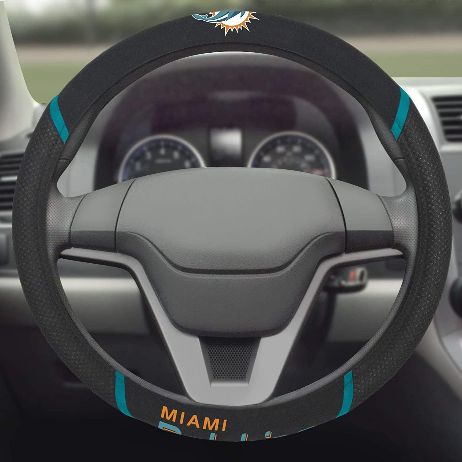 Miami Dolphins Premium 15 Inch Black Emroidered Steering Wheel Cover