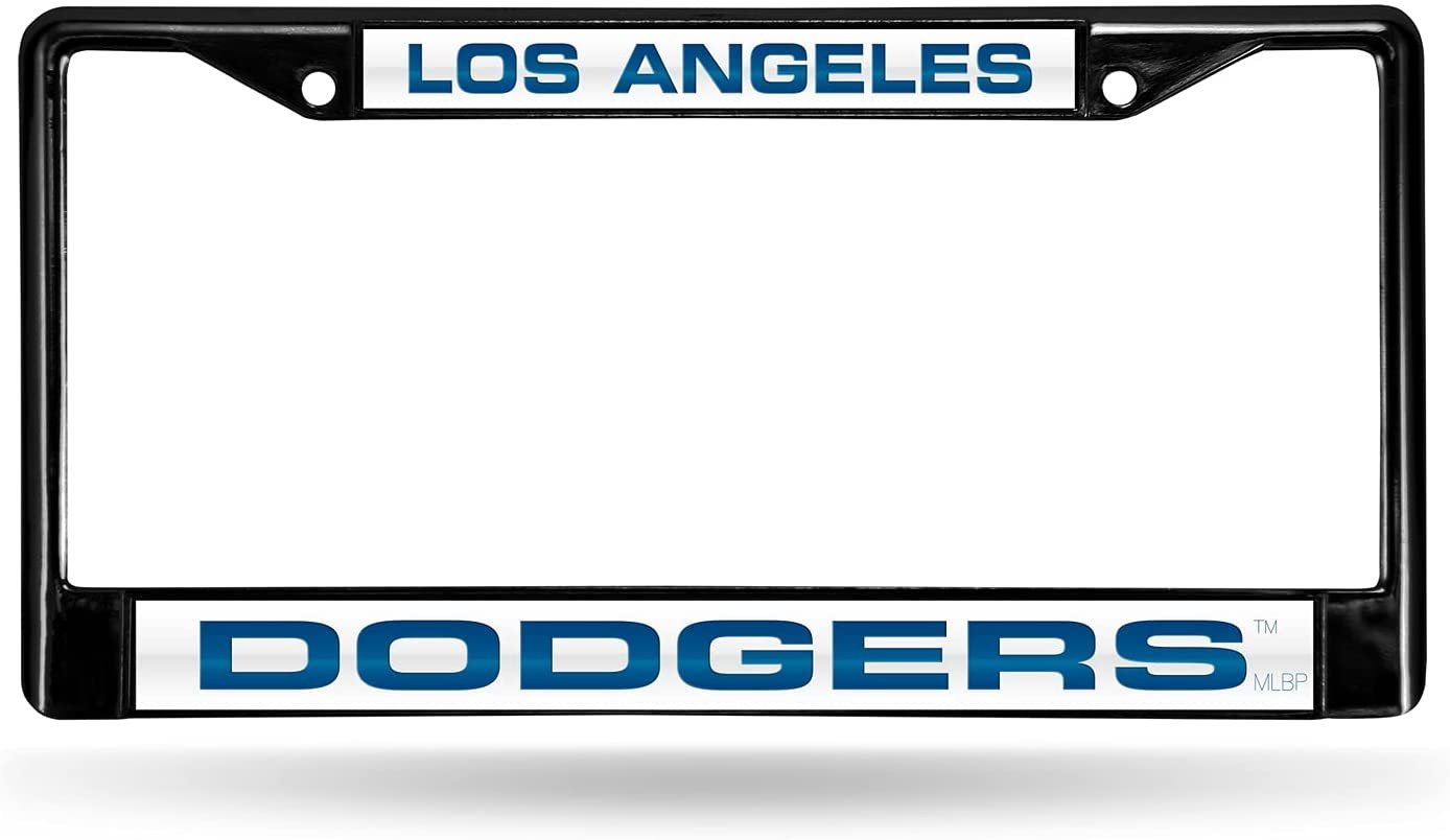 Los Angeles Dodgers Black Metal License Plate Frame Tag Cover, Laser Acrylic Mirrored Inserts, 12x6 Inch