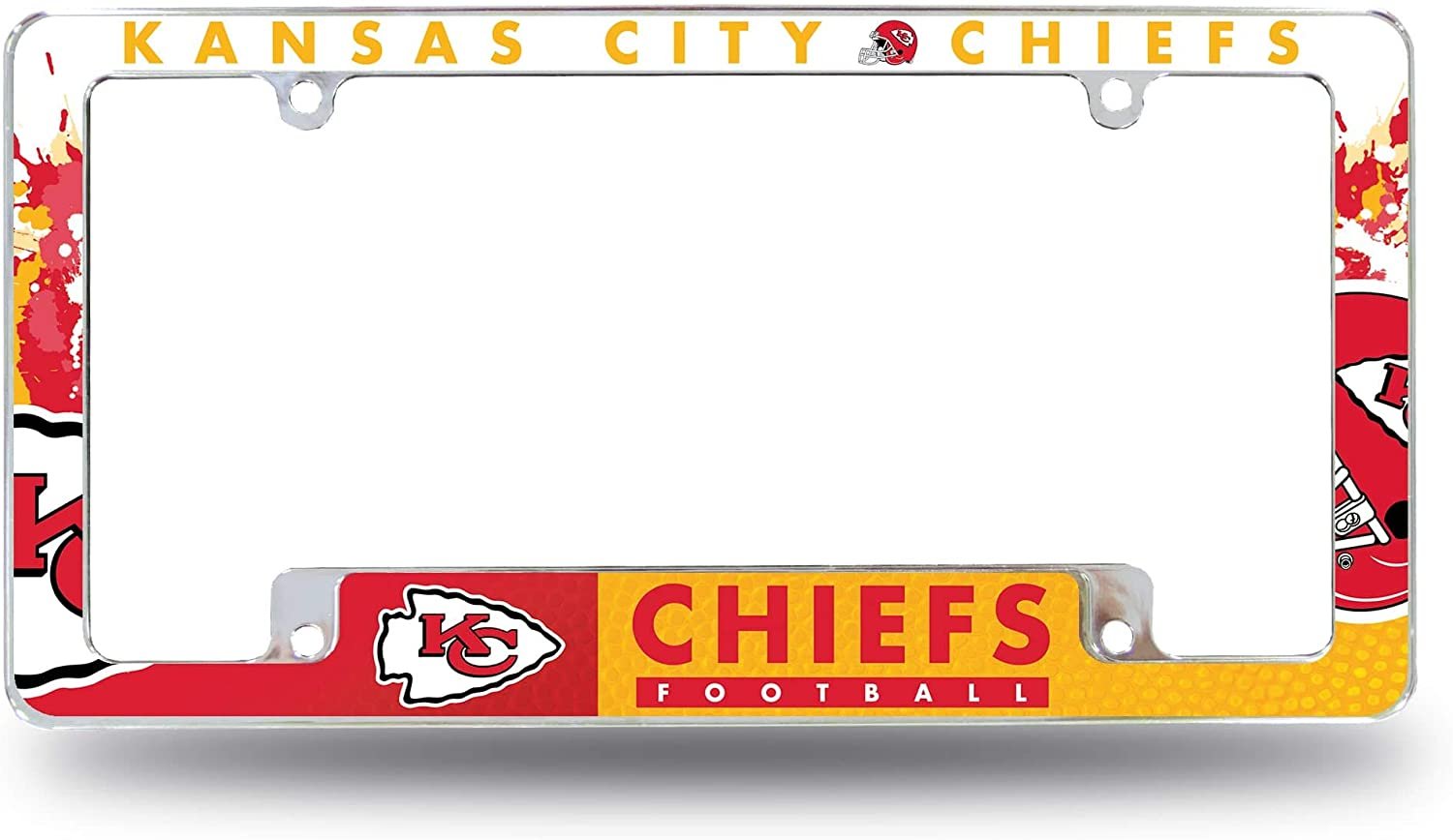 Kansas City Chiefs Metal License License Plate Frame Tag Cover, All Over Design, 12x6 Inch