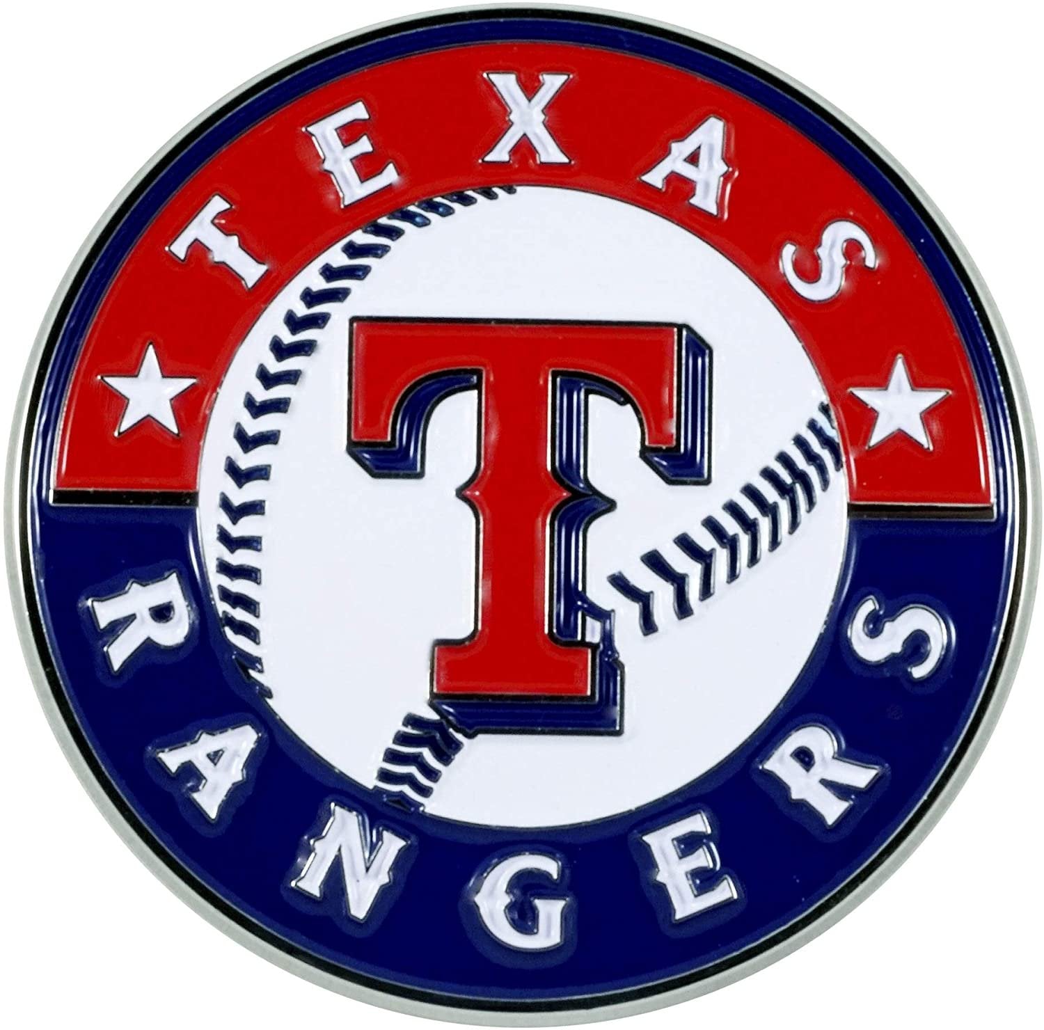 Texas Rangers Solid Metal Color Raised Auto Emblem, Adhesive Tape Backing