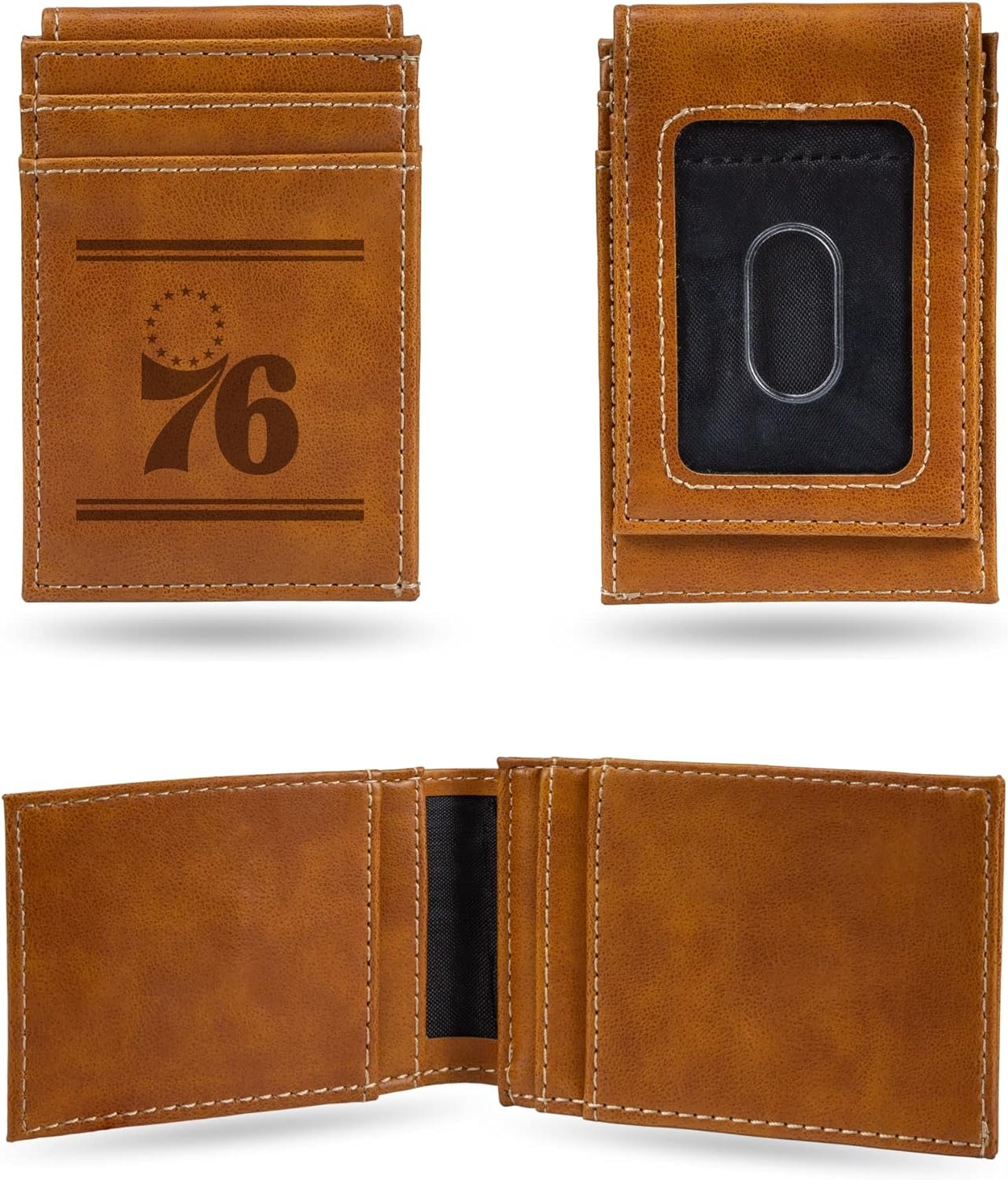 Philadelphia 76ers Premium Brown Leather Wallet, Front Pocket Magnetic Money Clip, Laser Engraved, Vegan