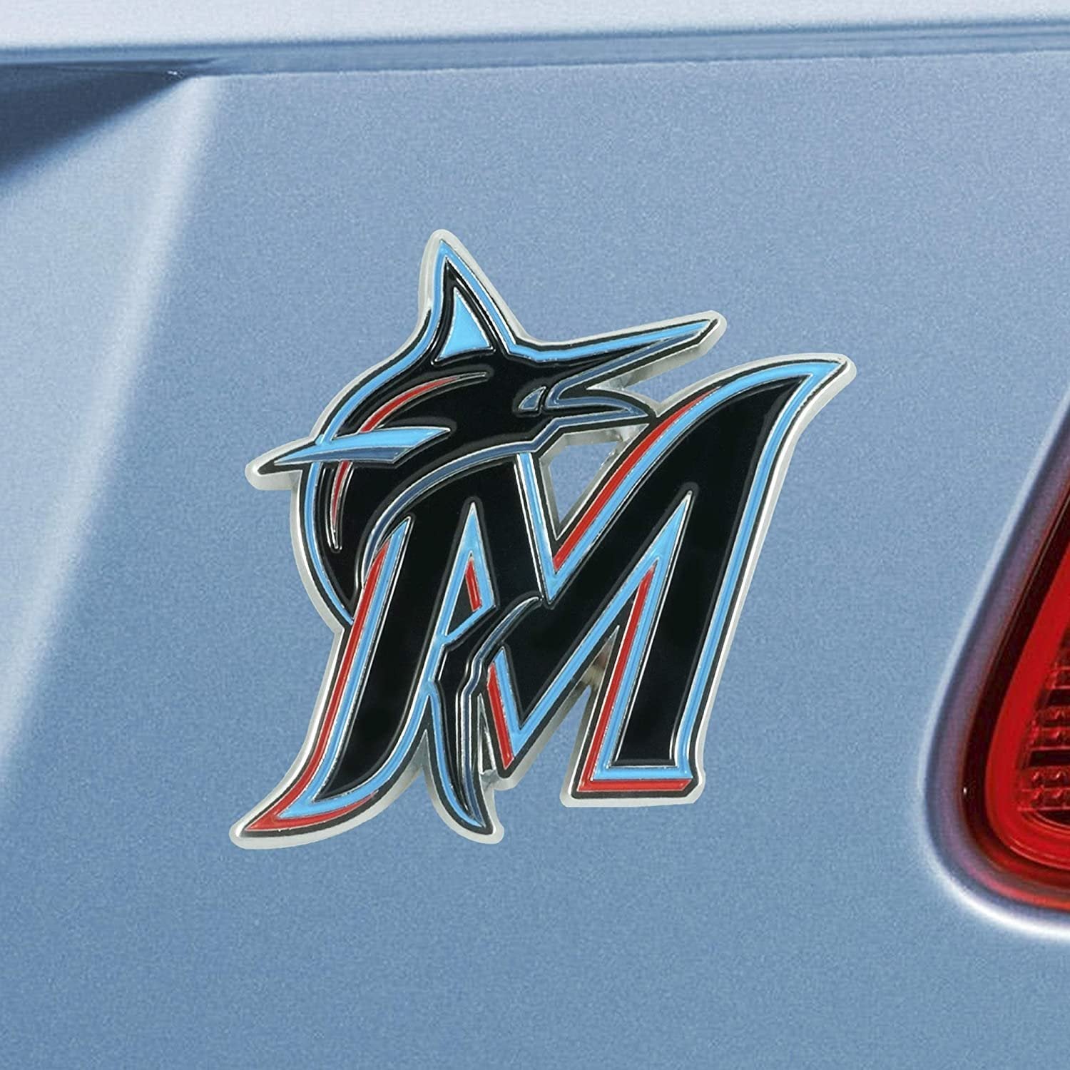 Miami Marlins Premium Solid Metal Raised Auto Emblem, Team Color, Shape Cut, Adhesive Backing