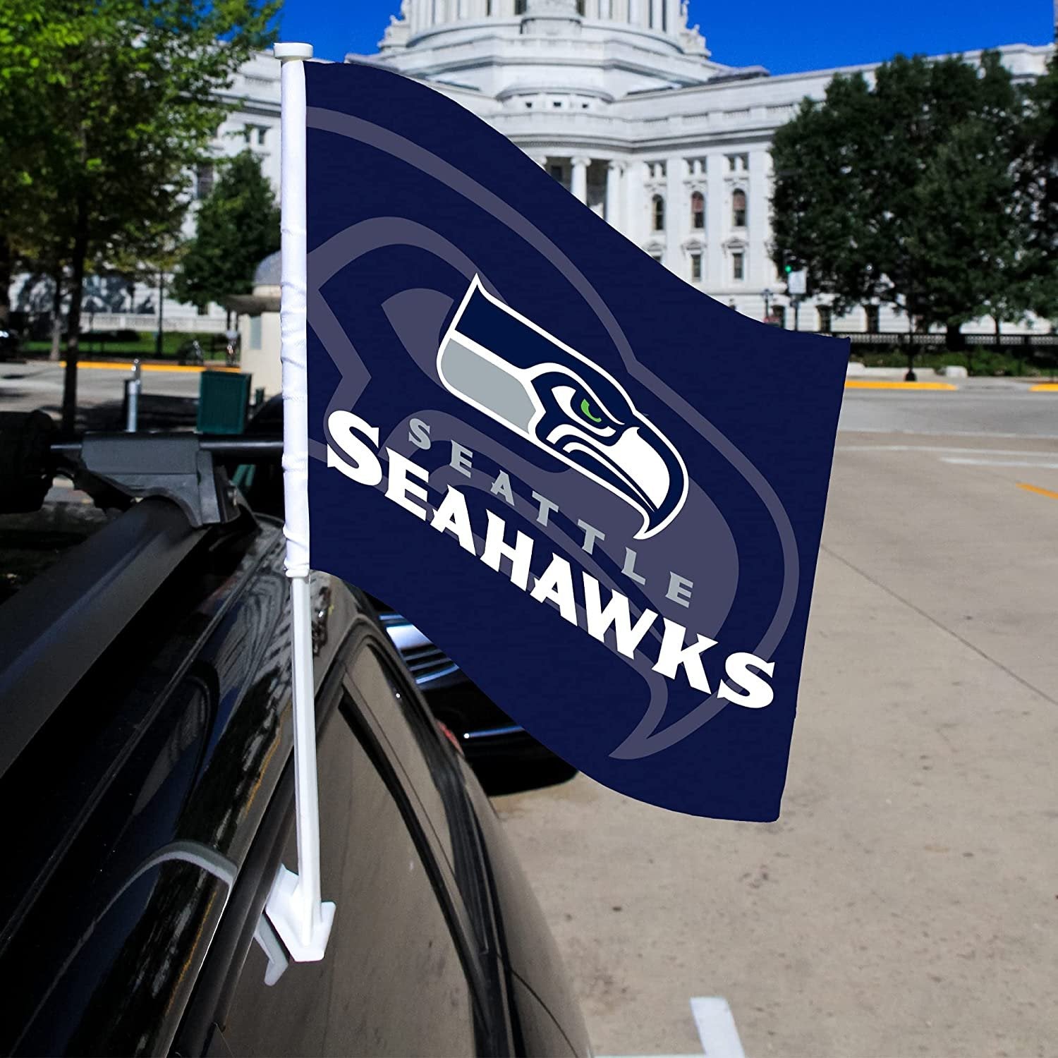 Seattle Seahawks Car Flag with Display Pole Secondary Logo Design