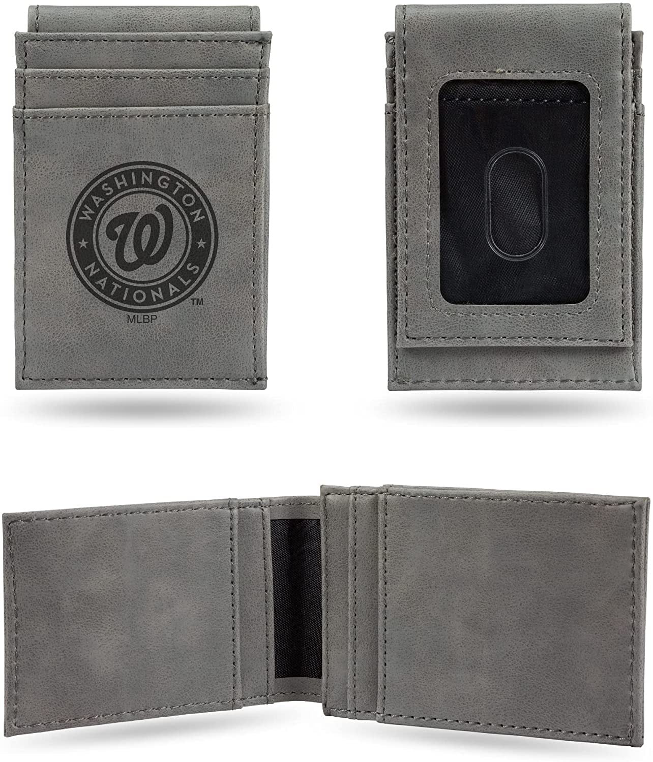 Washington Nationals Premium Gray Leather Wallet, Front Pocket Magnetic Money Clip, Laser Engraved
