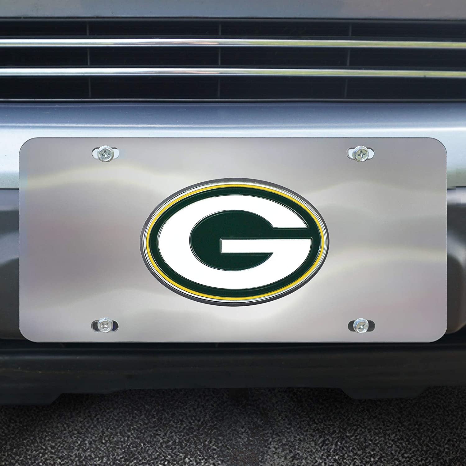 Green Bay Packers License Plate Tag, Premium Stainless Steel Diecast, Chrome, Raised Solid Metal Color Emblem, 6x12 Inch