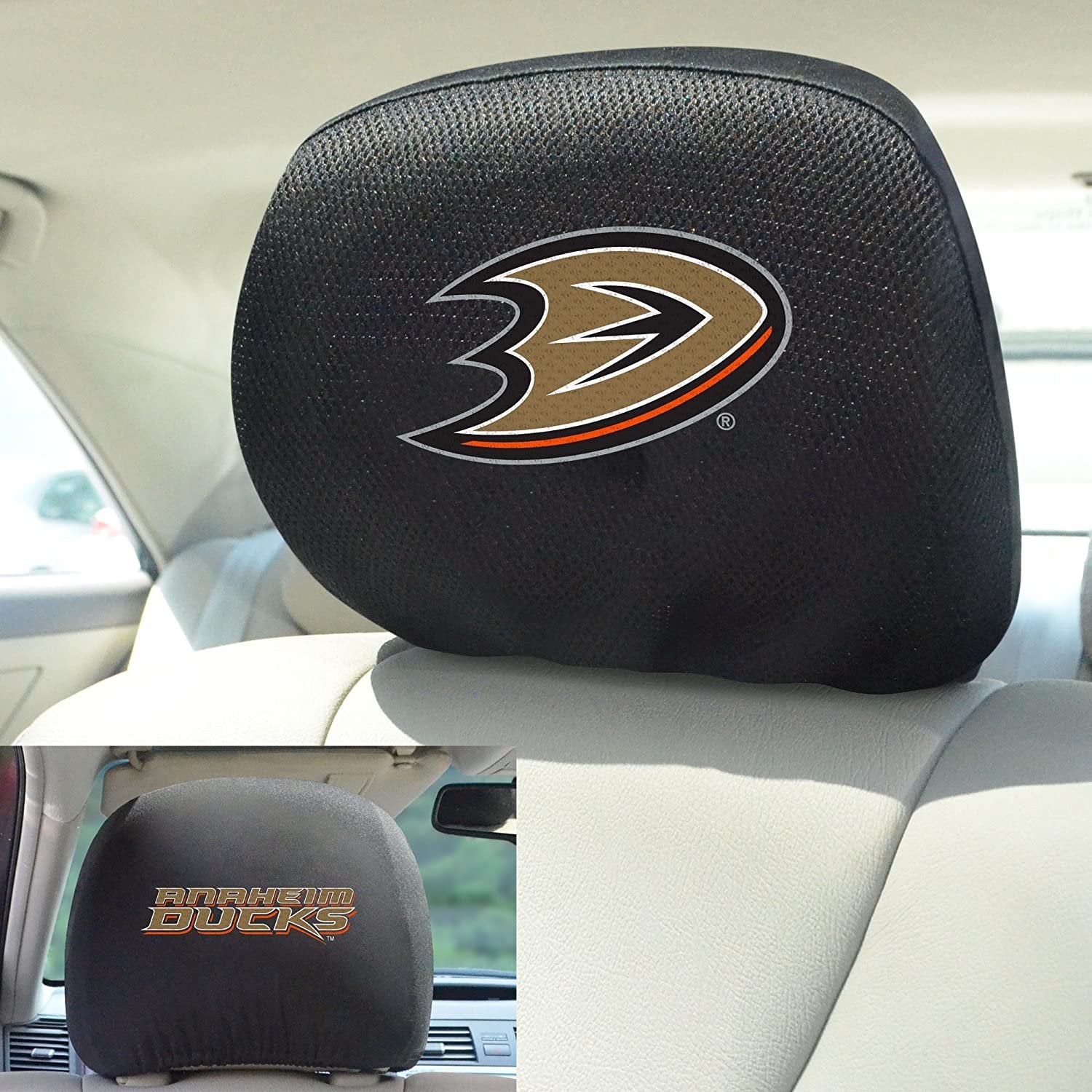 Anaheim Ducks Pair of Premium Auto Head Rest Covers, Embroidered, Black Elastic, 14x10 Inch