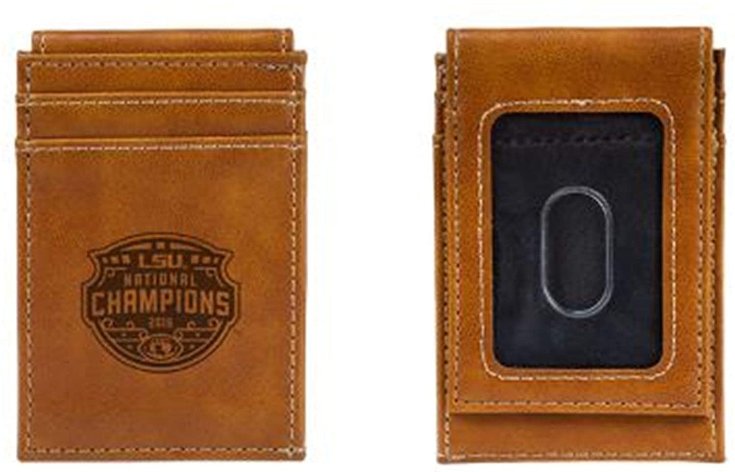 Louisiana State University Tigers LSU 2019 Champions Premium Brown Leather Wallet, Front Pocket Magnetic Money Clip, Laser Engraved