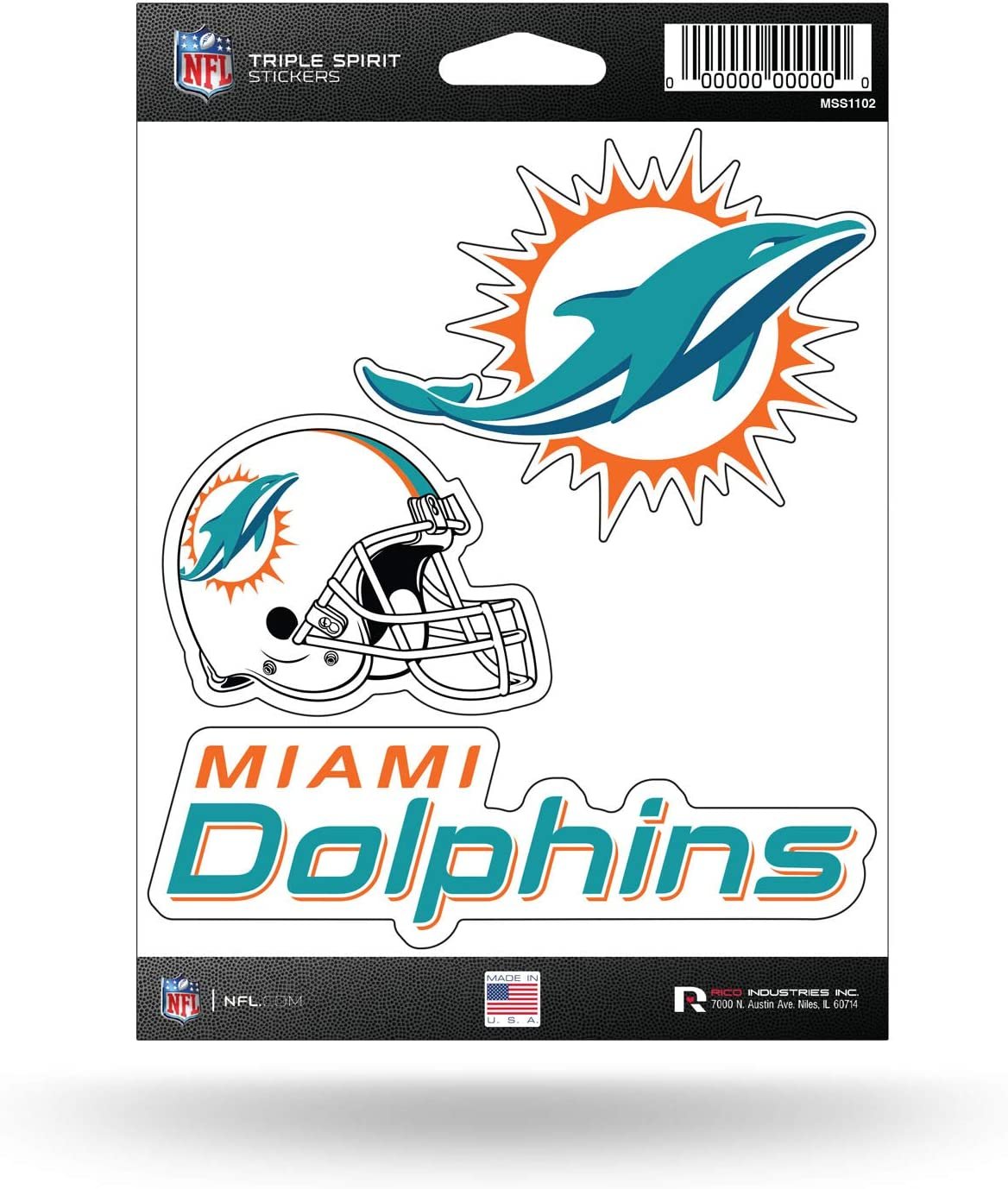 Miami Dolphins 3-Piece Triple Sticker Die Cut Spirit Decal Sheet