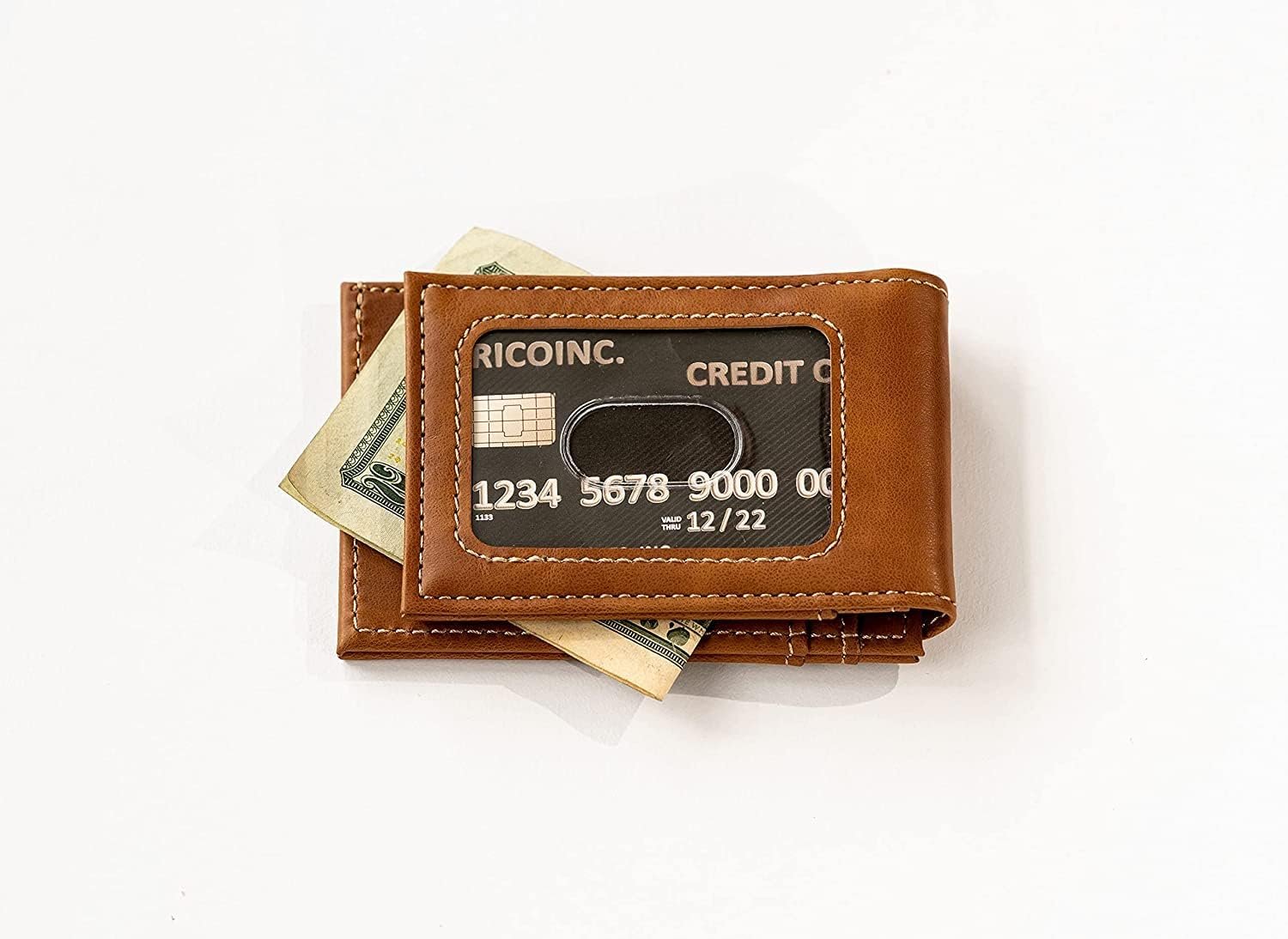 University of Michigan Wolverines Premium Brown Leather Wallet, Front Pocket Magnetic Money Clip, Laser Engraved, Vegan