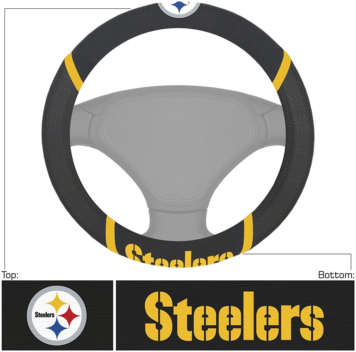 Pittsburgh Steelers Steering Wheel Cover Premium Embroidered Black 15 Inch