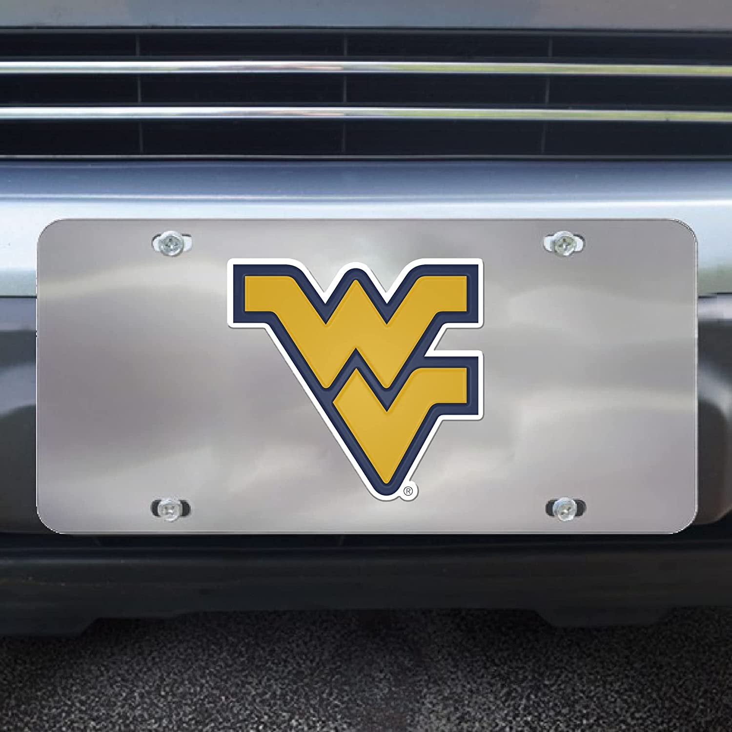 West Virginia University Mountaineers License Plate Tag, Premium Stainless Steel Diecast, Chrome, Raised Solid Metal Color Emblem, 6x12 Inch