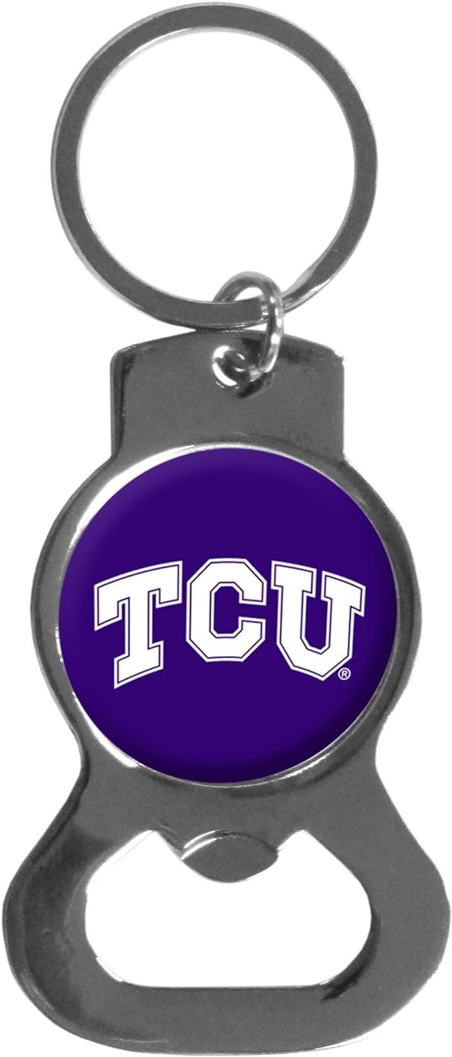 Texas Christian University TCU Horned Frogs Premium Solid Metal Bottle Opener Keychain, Silver Key Ring, Team Logo