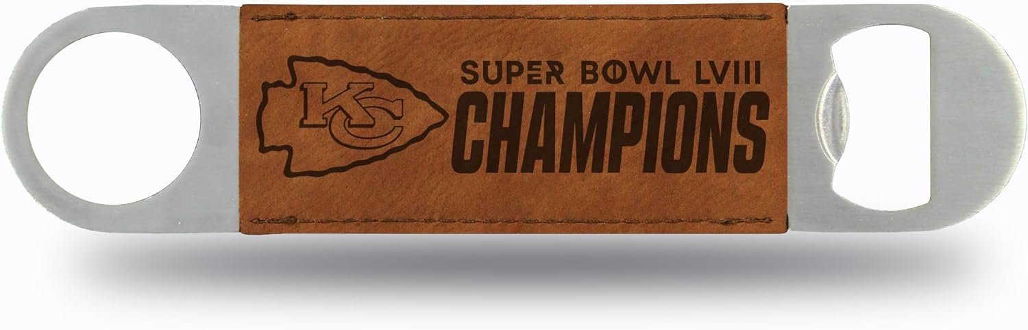 Kansas City Chiefs 2024 Super Bowl Champions Solid Metal 7 Inch Bottle Opener, Faux Leather Laser Engraved Bar Blade