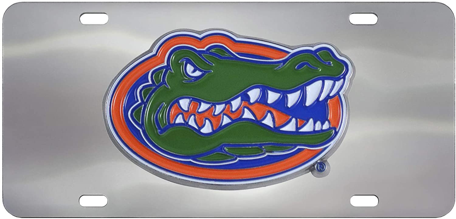 University of Florida Gators License Plate Tag, Premium Stainless Steel Diecast, Chrome, Raised Solid Metal Color Emblem, 6x12 Inch