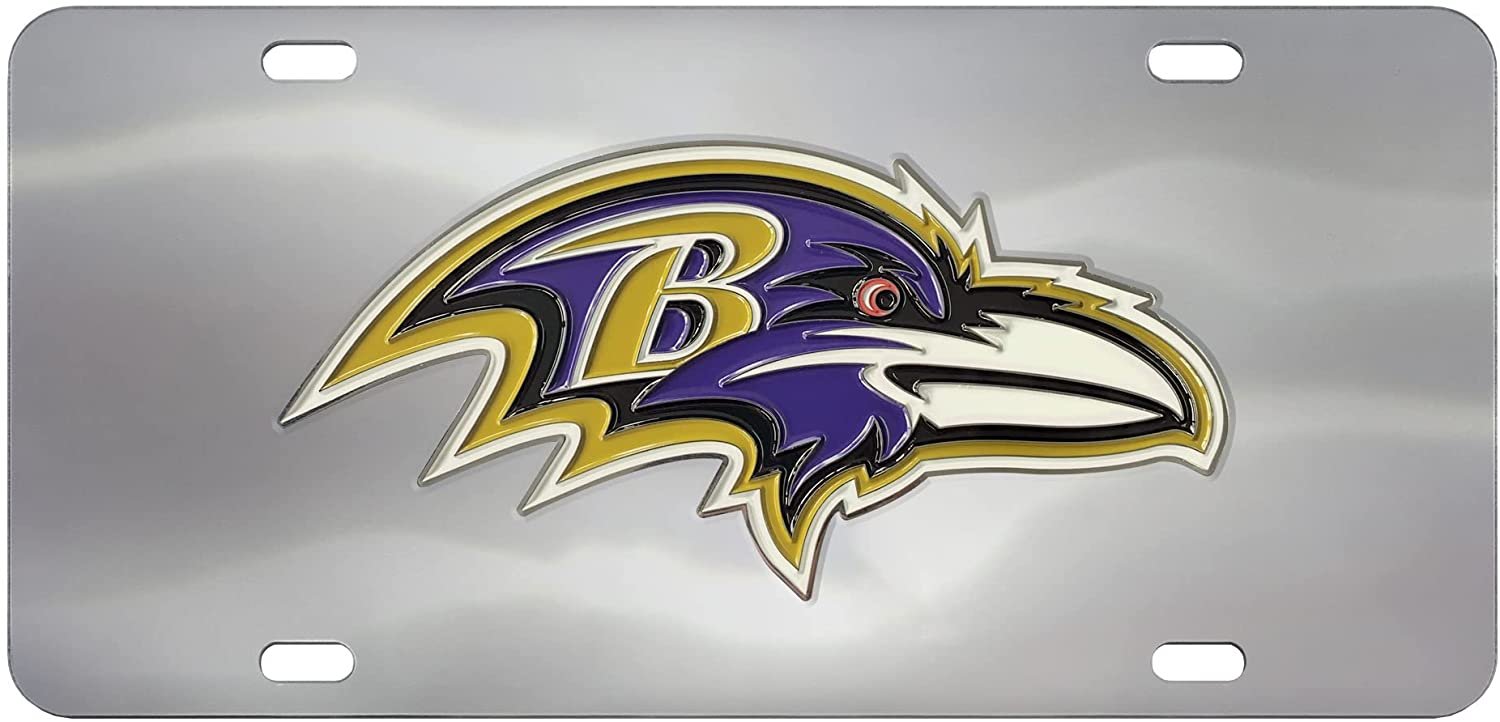 Baltimore Ravens License Plate Tag, Premium Stainless Steel Diecast, Chrome, Raised Solid Metal Color Emblem, 6x12 Inch